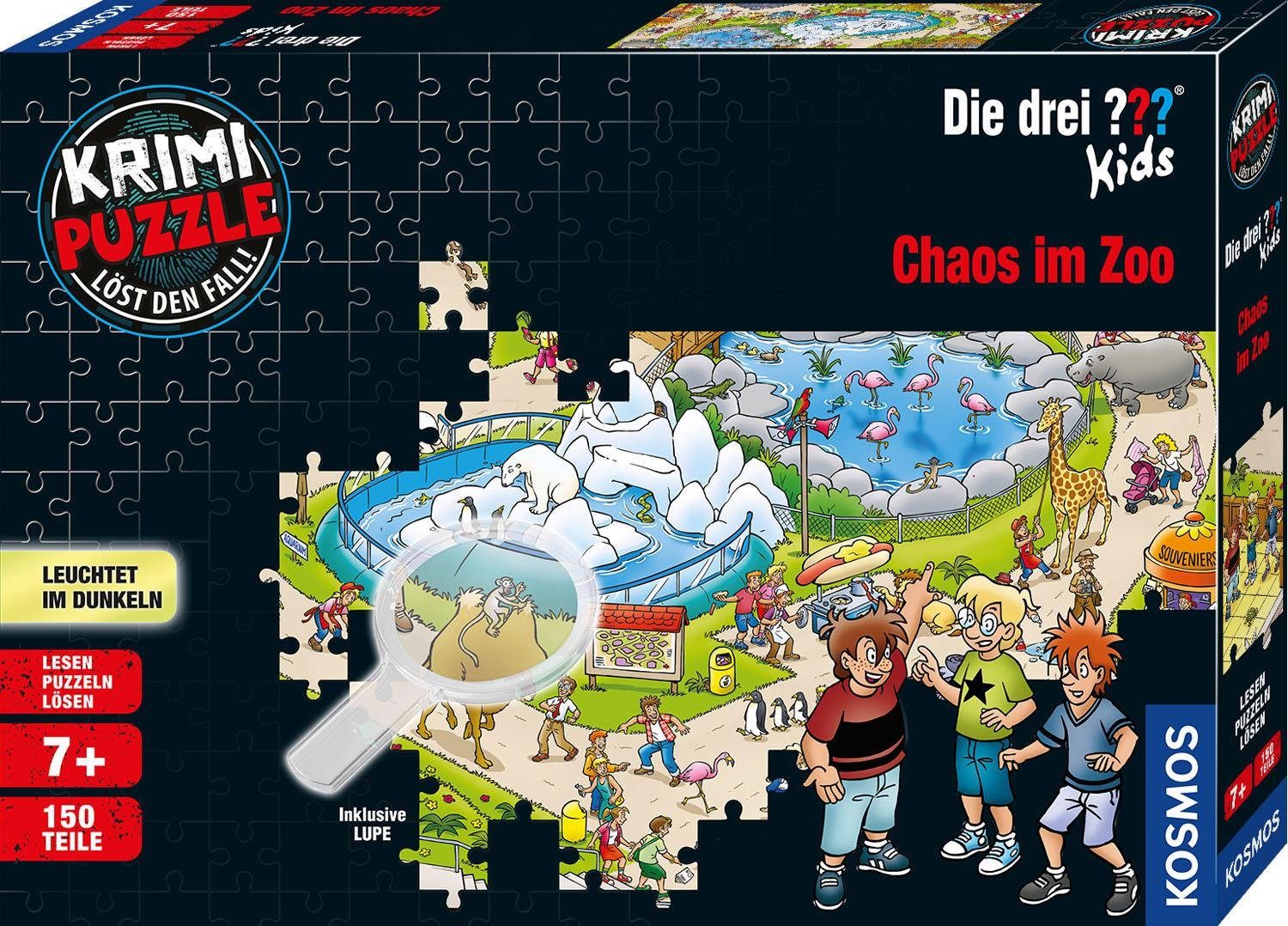 KOSMOS Verlag Kosmos Puzzle Krimipuzzle Die drei ??? Kids Chaos im Zoo, 150 Puzzleteile, leuchtet im Dunkeln, Made in Germany | Puzzle