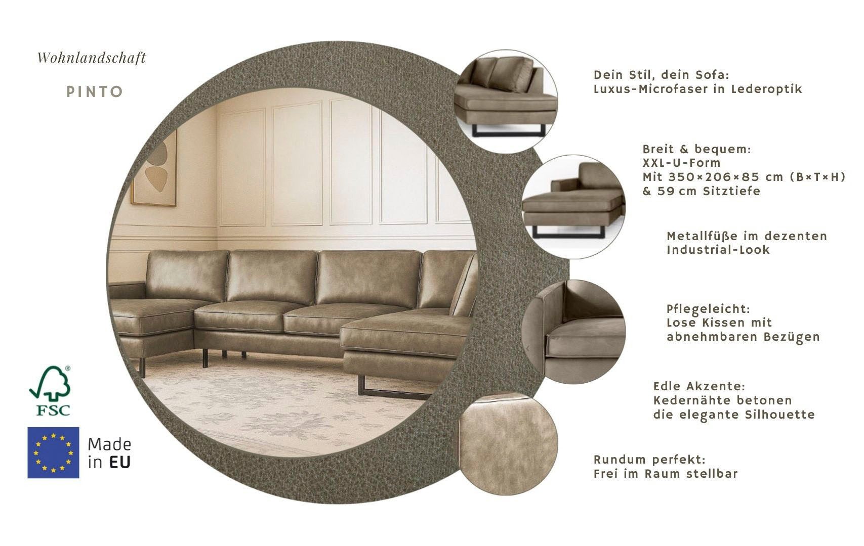 OTTO home Wohnlandschaft Pinto, 350 cm, U-Form, XXL, mit Ottomanen, Cord, Chenille, Lederoptik, mit Keder, Metallfüße, Wellenunterfederung