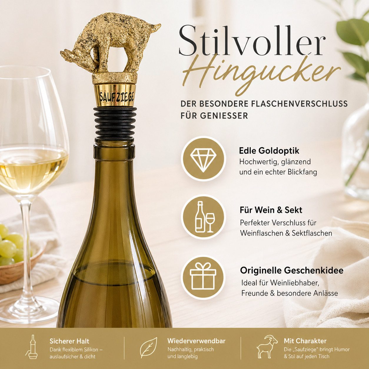 Gehlmann Flaschenverschluss Weinflaschenverschluss Ziege - Gold
