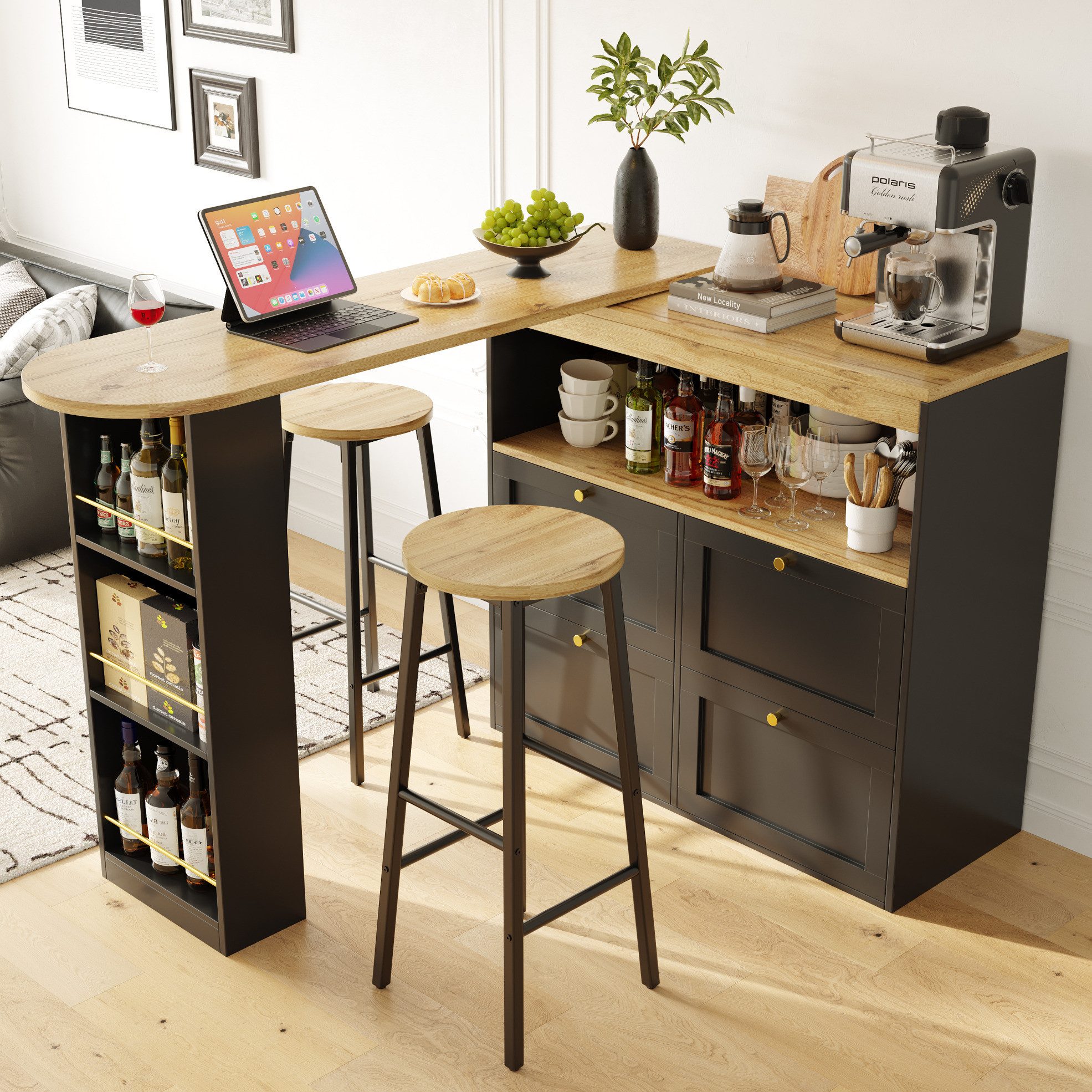 REDOM Kücheninsel Modernes Küchen-Bar-Set, (mit Stauraum & 2 Barhockern, Holzoptik, mit Seitengittern & Schubladen)