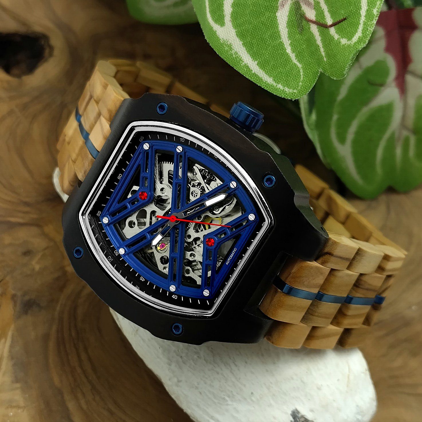 Automatikuhr Holz Holzwerk & in Uhr schwarz Herren Tonneau beige, Armband CASTROP blau