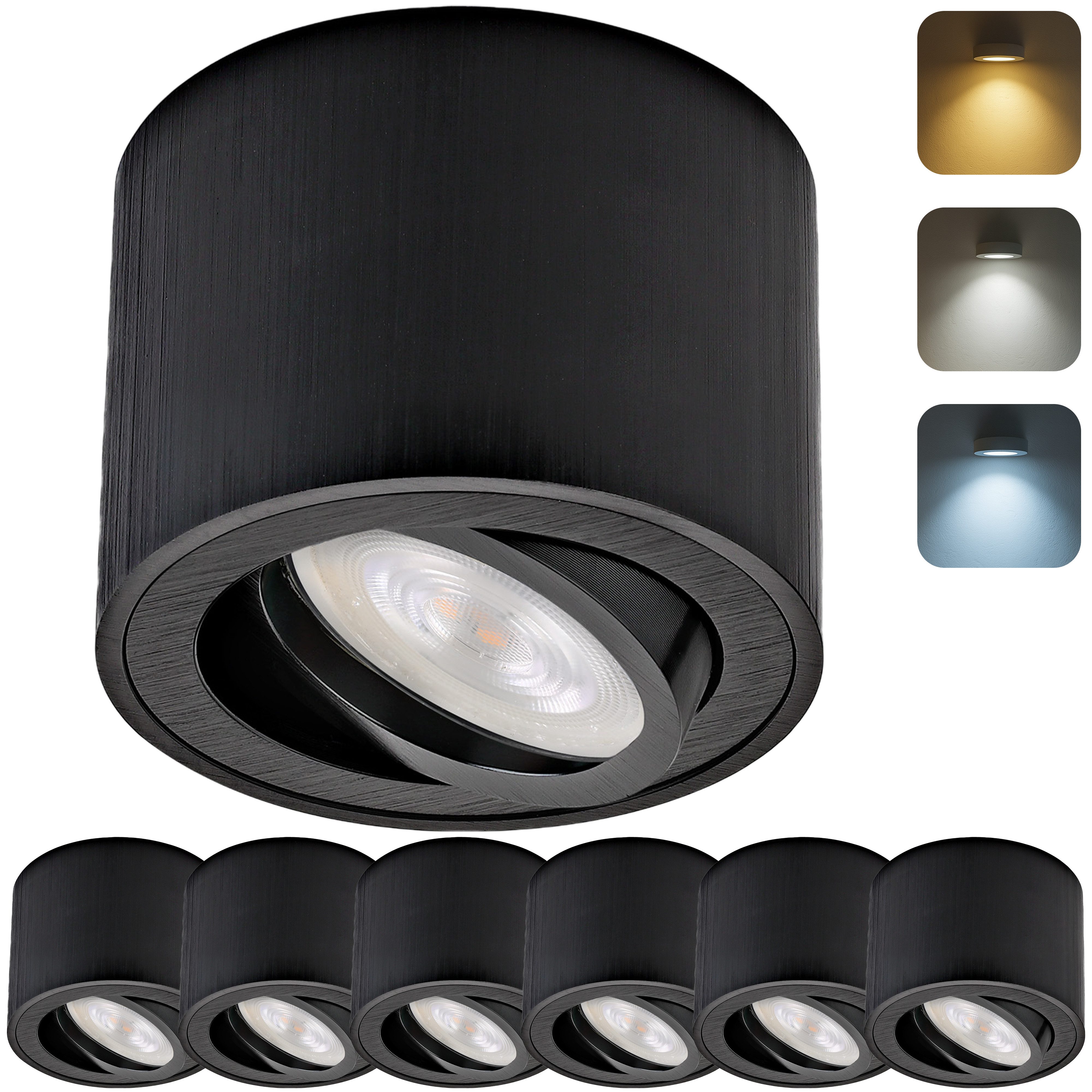 Sweet LED LED Aufbaustrahler 6er Set flach 5W CCT (3000K/4000K/6500K) Spots schwenkbar 230V schwarz, schwenkbar, LED wechselbar, warmweiß, neutralweiß, kaltweiß, CCT, schwenkbar, LED Deckenstrahler