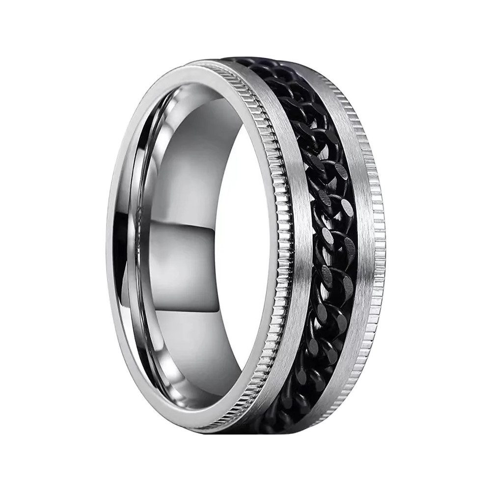 Taffstyle Fingerring Ring Spinner bewegliche Kette Silber Schwarz Größe 55 (17.5) (Bandring Biker Schmuck Geschenke für Männer Herren), Edelstahl spinning Drehring Partner Fingerring Herrenring