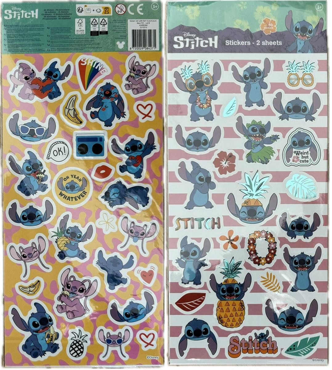 Disney Sticker Lilo&Stitch Aufkleber 2 Bögen über 50 Sticker Klebebilder pink gelb, (Set 2-tlg), mit Angel, Stitch, Schrulle und seine Freunde