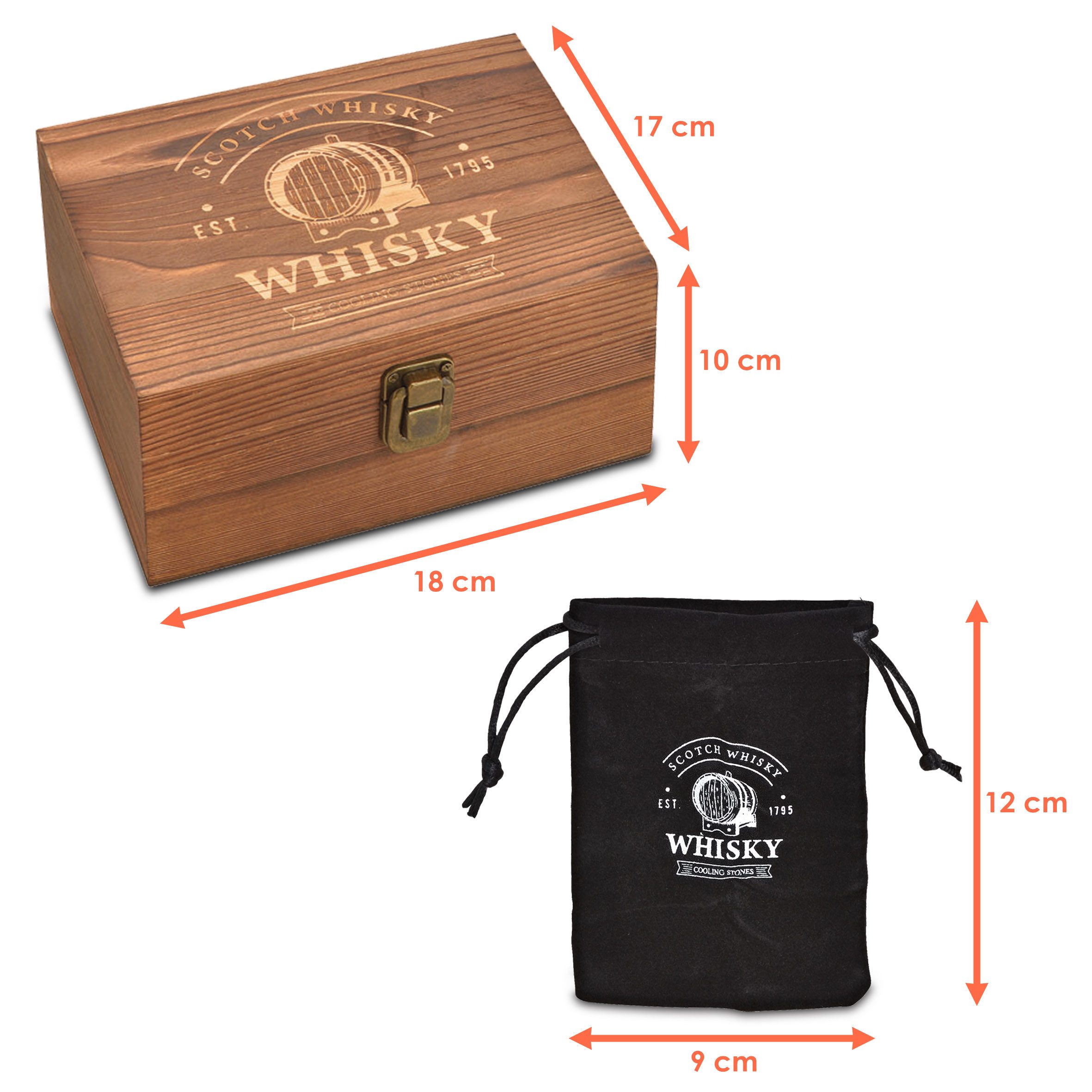Woma Eiswürfel-Steine Basalt Whisky Steine Geschenk Set in edler Holzbox - 8-teilig, Wiederverwendbare Kühlwürfel mit Glas und Samtbeutel