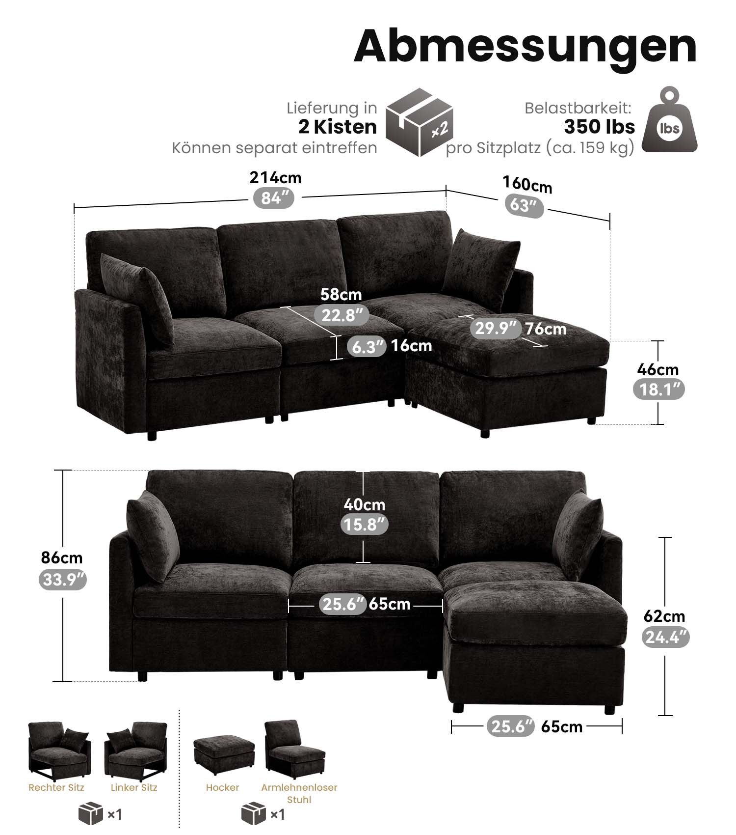 Kingfun Sofa 214cm Modulares Sofa, L-Form individuell konfigurierbare Ecksofa, 1 Teile, 3-Sitzer Sofa mit Hocker, Chenille-Bezug, 159 kg pro Sitzplatz.
