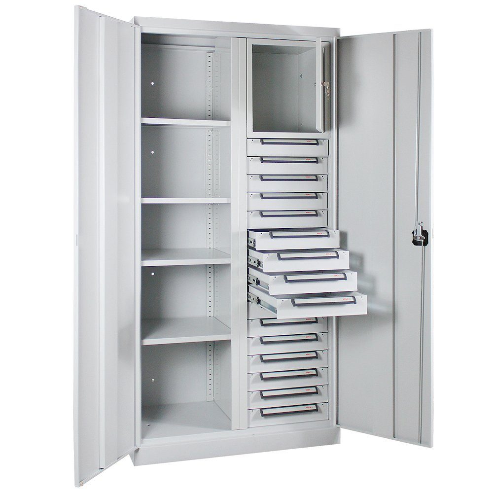 4 Fachböden Systemschrank HxBxT Grau Squirrel 195x95x50cm, Schub, PROREGAL® +16 Fächerschrank