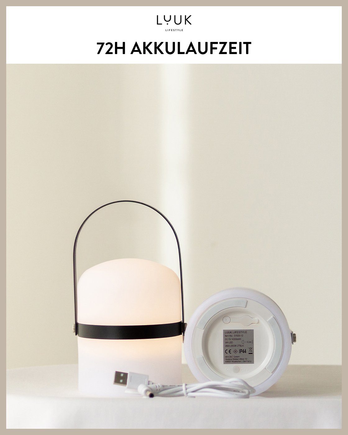 LUUK LIFESTYLE LED Außen-Tischleuchte Sävar, Ein-/Ausschalter, Dimmfunktion, mehrere Helligkeitsstufen, LED fest integriert, Warmweiß, 72 Std. Leuchtdauer, IP44, dimmbar, mobil & wiederaufladbar