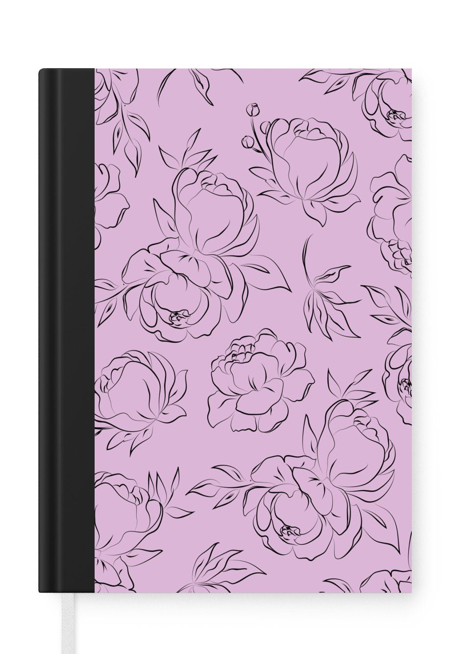 MuchoWow Notizbuch Blumen - Rosa - Muster - Schwarz - Strichzeichnung, Journal, Merkzettel, Tagebuch, Notizheft, A5, 98 Seiten, Haushaltsbuch