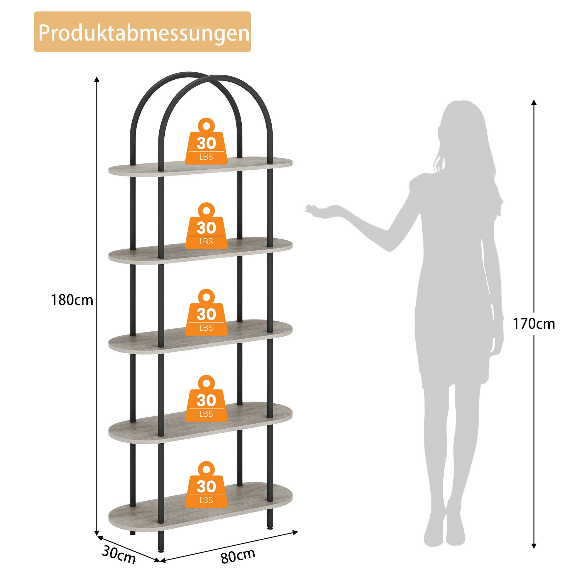 GarveeMore Bücherregal gewölbtes Bücherregal Standregal mit 5 Ebenen 80x30x günstig online kaufen