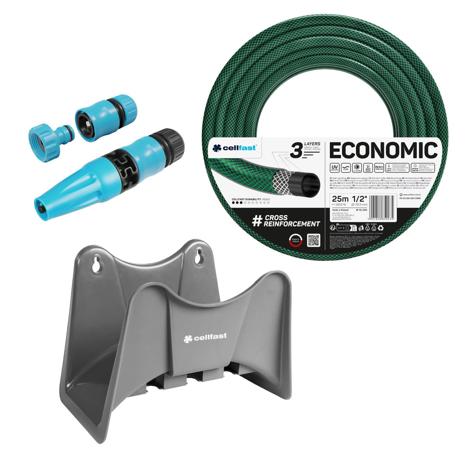 Cellfast Gartenschlauch Economic-Schlauch 1/2'' 25 m Aufhänger mit Sprühkopf, Set mit Basic 1/2" Sprühdüse
