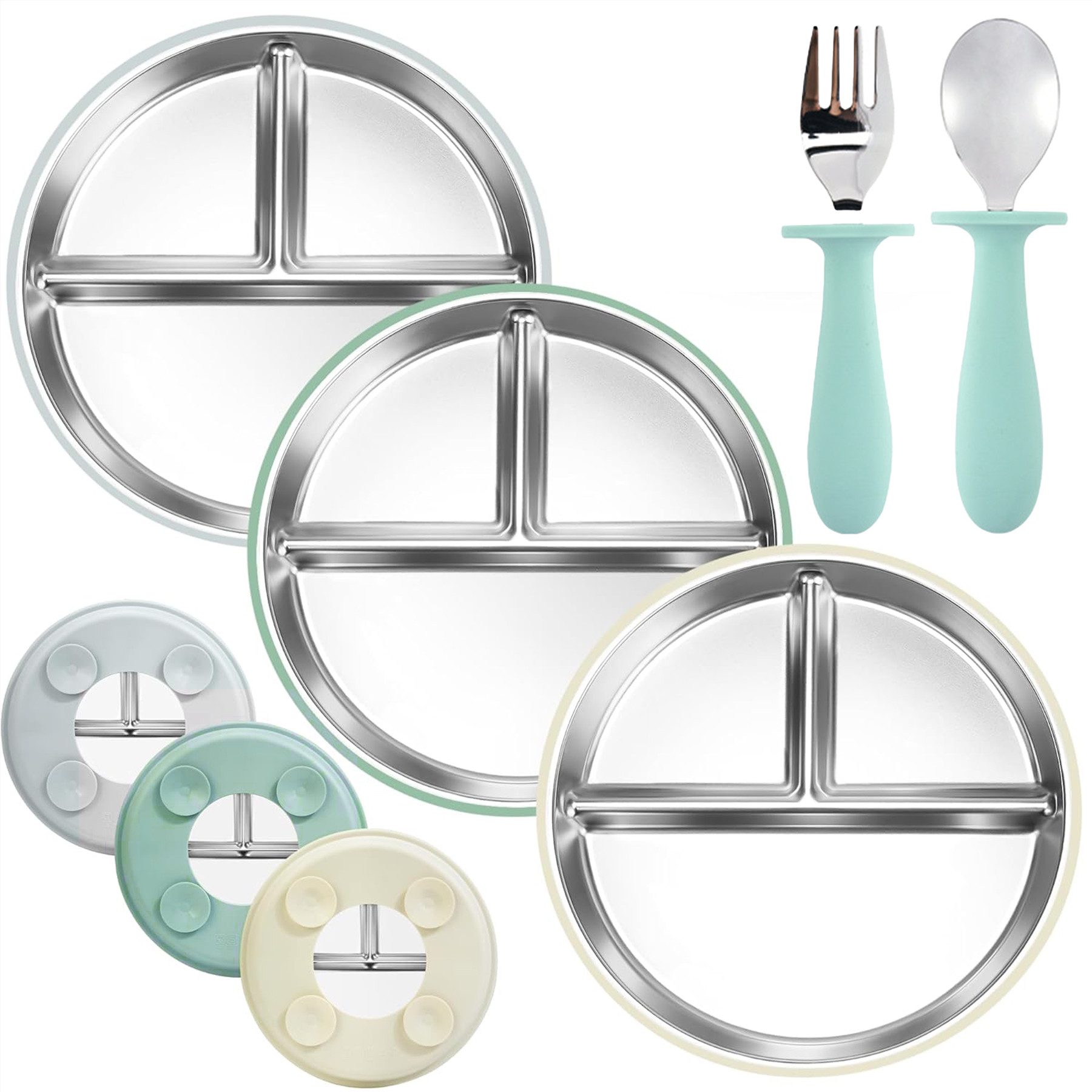 Mutig Детская посуда-Set 3 Stück Edelstahl Baby Тарелки mit Silikon Saugnapf mit Ложкиn&Gabeln, 1 Personen, Für 1 Person