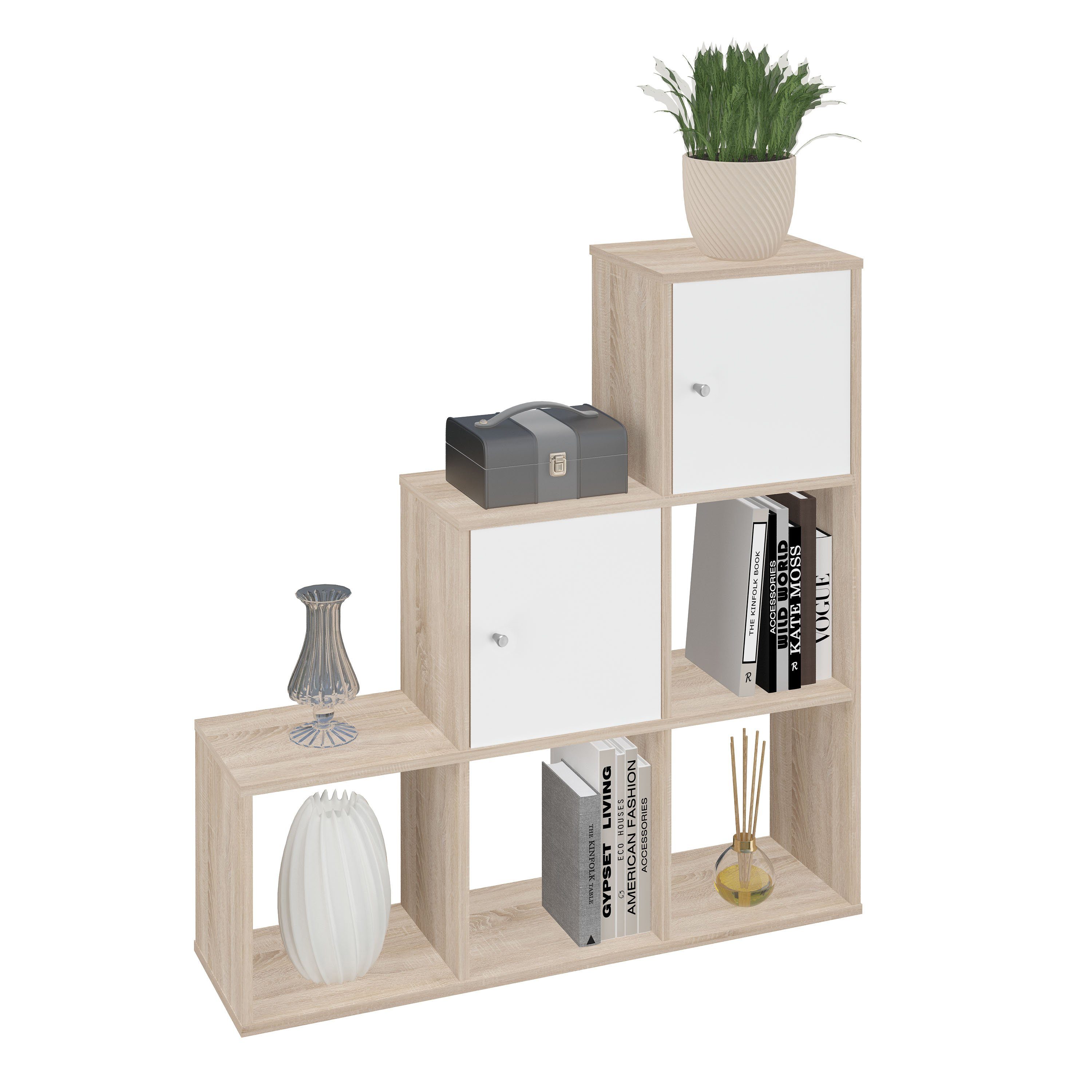 Polini Home Raumteilerregal Stufenregal beige 6 Fächer mit 2 Türen weiß,  mit zwei Türen