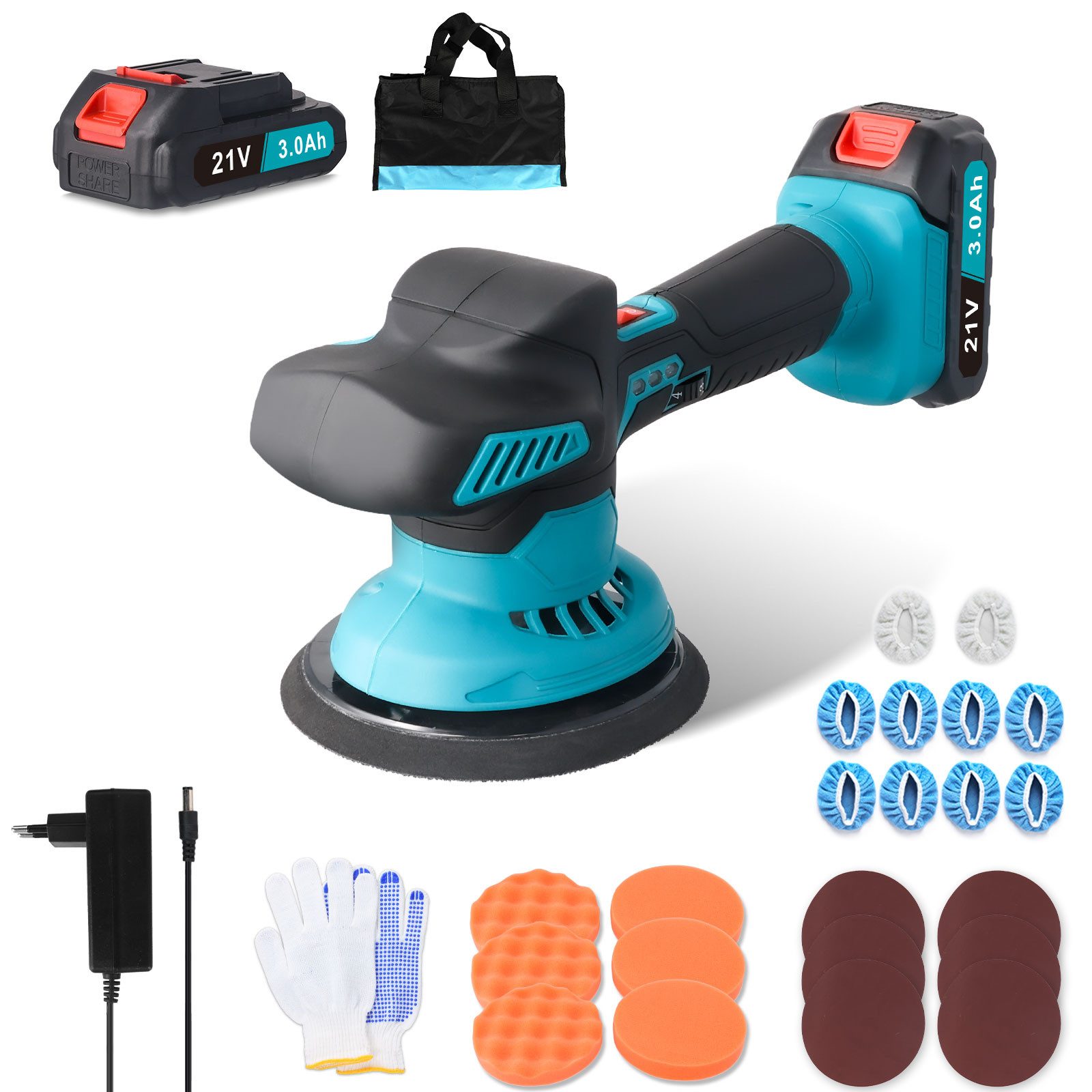 Hikity Akku-Poliermaschine 6" Auto Poliermaschinen 6-Gang-Getriebe Inklusive Batterie, 5500 U/min Exzenter Auto Poliermaschine Set mit 2 x Akku