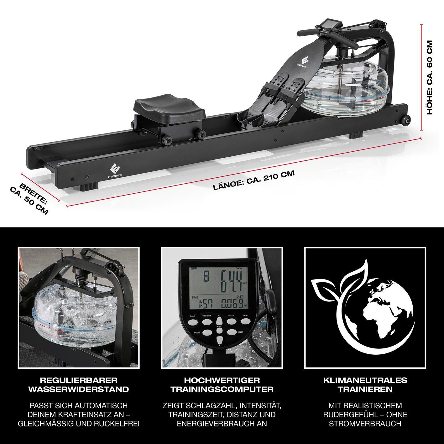 passt Wasserrudergerät schwarz, automatisch 210cm Echtholz Rudergerät sich an Trainingscomputer Wasserwiderstand FitEngine