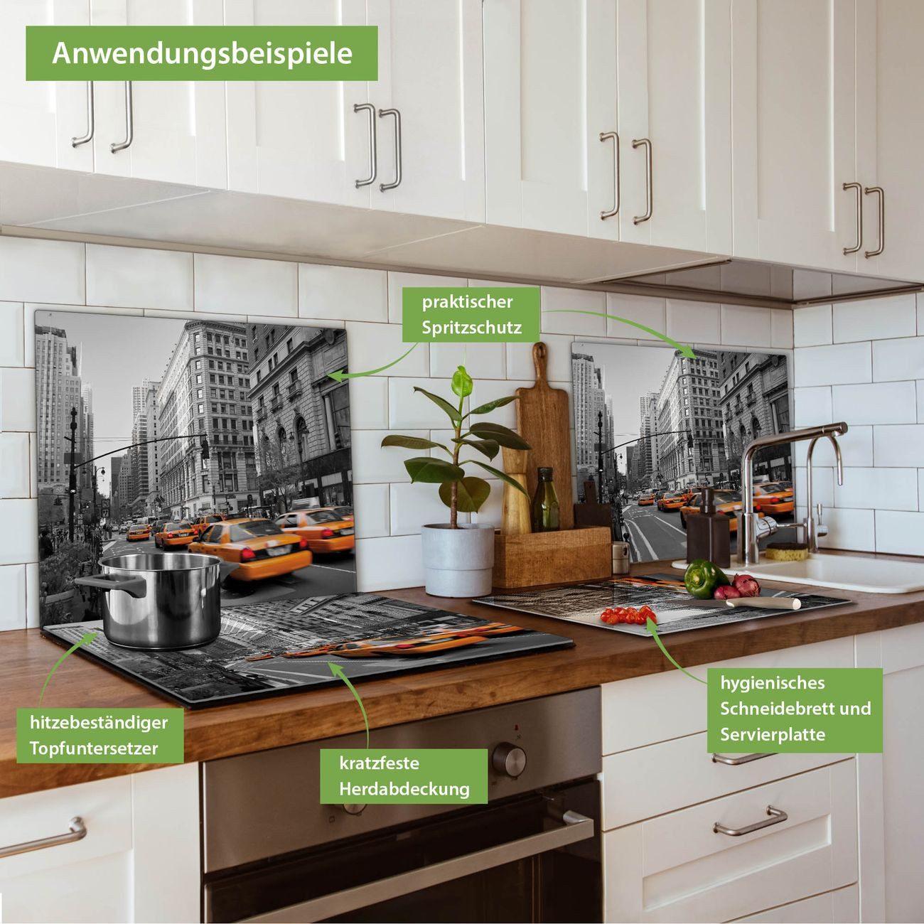 banjado Herd-Abdeckplatte einteilig aus Glas mit Motiv New York Taxi, (gehärtet, 1 tlg., inkl. selbstklebende Gummifüßchen)