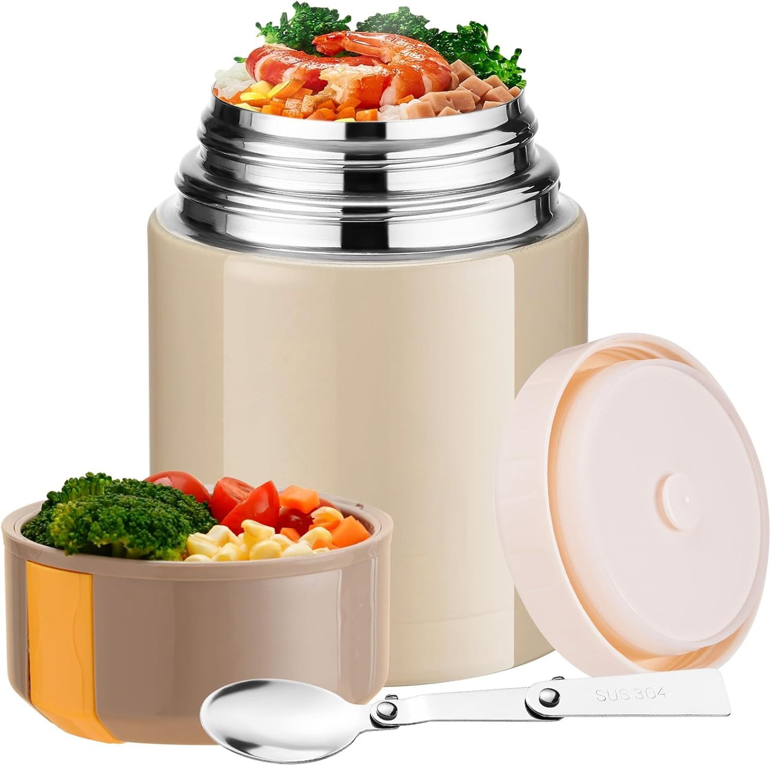 Coonoor Thermobehälter für Essen 800ML, Vakuum-Breiwärmer Unterwegs, Warmhaltebehälter Essen, aus 316 Edelstahl, isolierter Thermobecher Essen mit Löffel