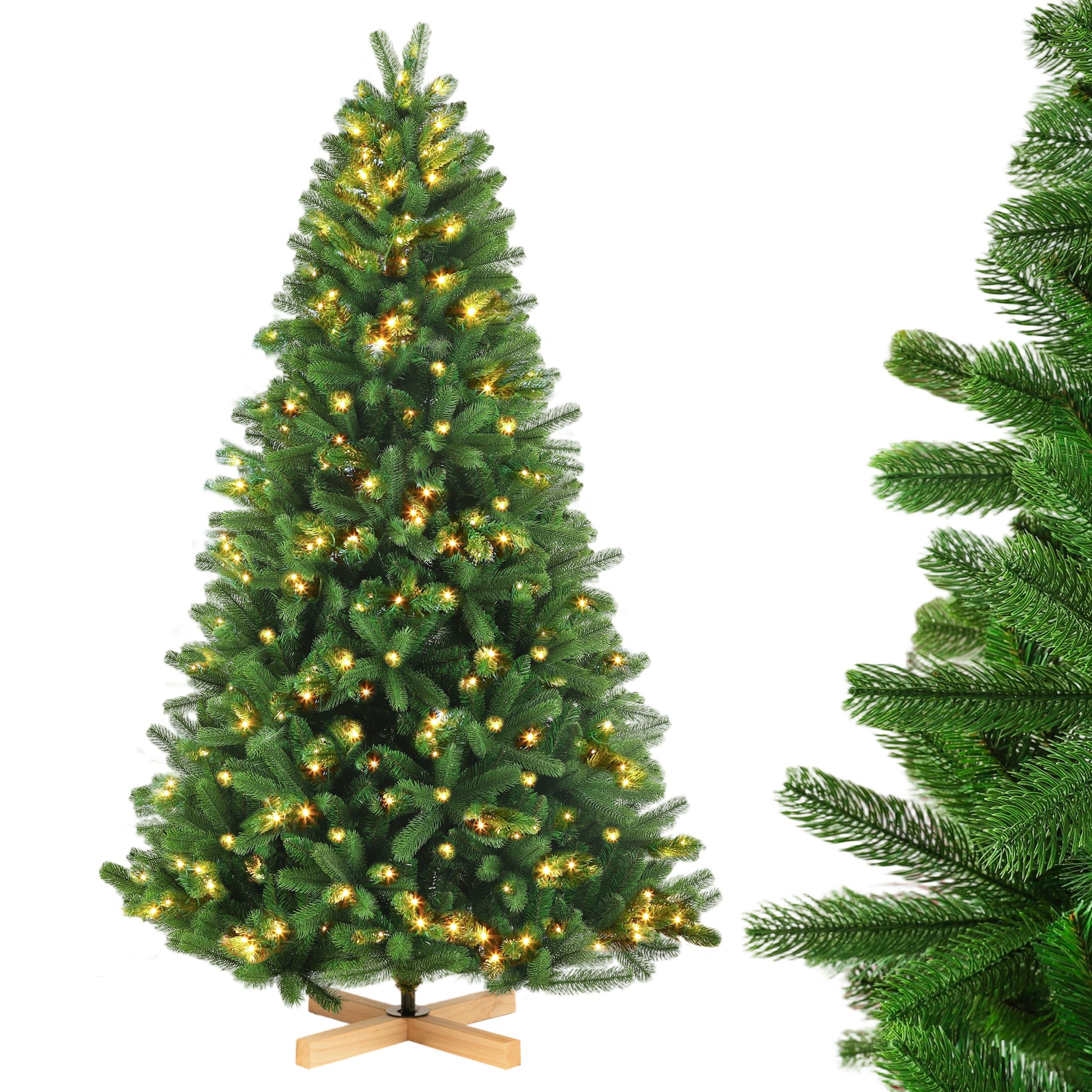 Sinaopus Künstlicher Weihnachtsbaum 210 cm Tannenoptik, PE+PVC, 400 LEDs, Holzständer, 8 Lichtmodi, Dichte Tannenform, PE+PVC-Zweige, Holzfuß, warmgelbe Beleuchtung, 400 LEDs, 8 Lichtmodi, formbare Zweige, Stecksystem, Holzständer