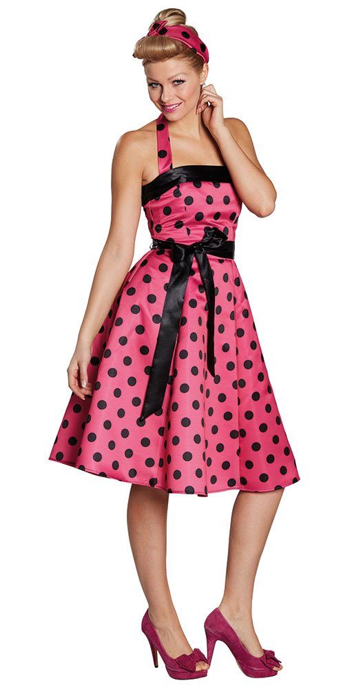 Karneval-Klamotten Kostüm 50er Jahre Damenkostüm pink schwarz, Schulterfreies Rock 'n Roll Kleid im Stil der 50er mit Gürtel