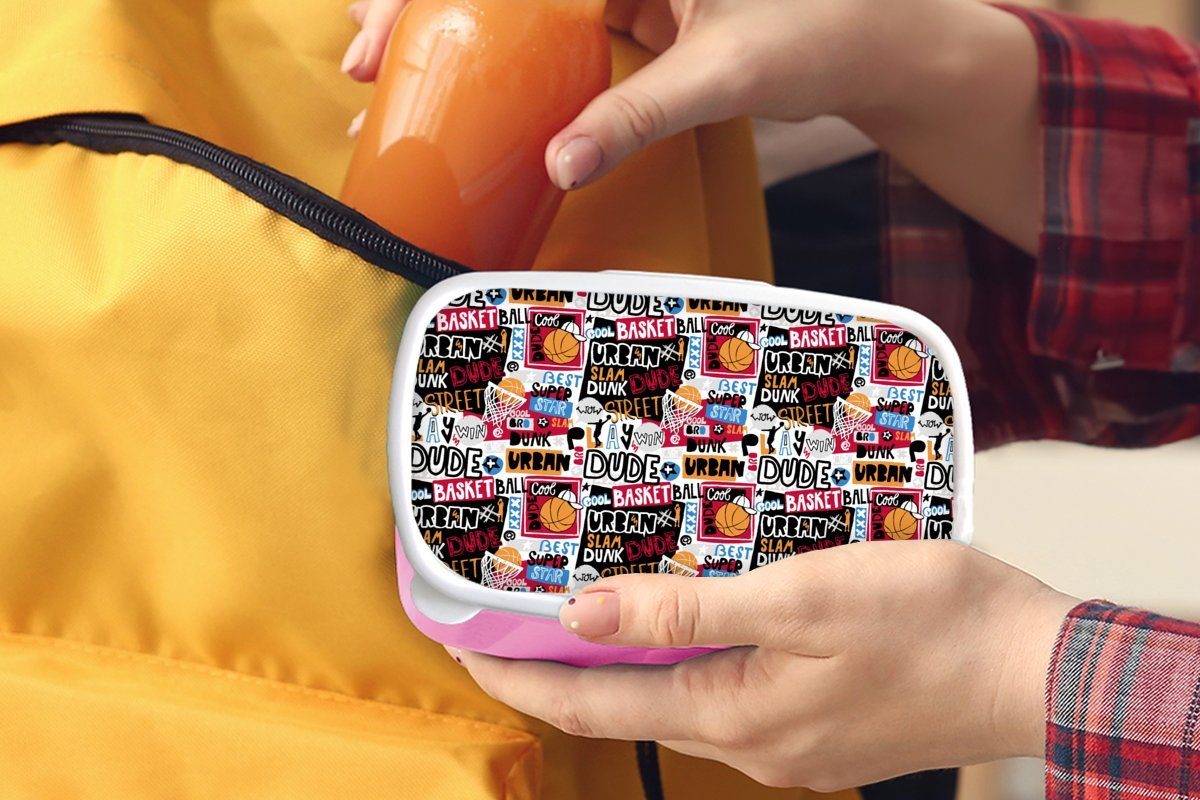 MuchoWow Lunchbox Basketball - Zitate Brotdose rosa Kunststoff Kinder, für Erwachsene, Brotbox - Kunststoff, (2-tlg), Mädchen, - Muster Snackbox, Alphabet