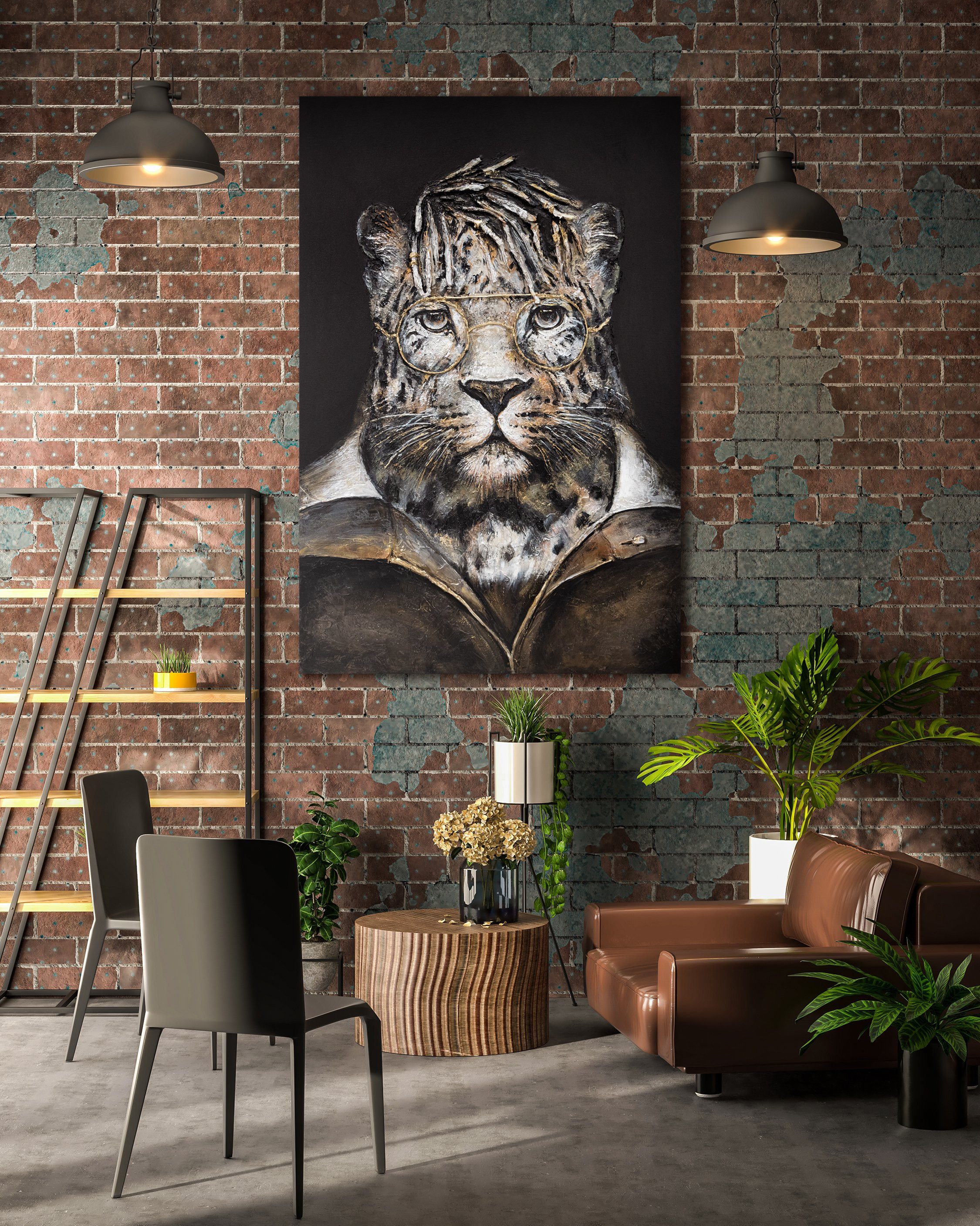 YS-Art Gemälde Temperament, Tiere, Leinwand Bild Leopard mit Brille Handgemalt Anzug mit Tier