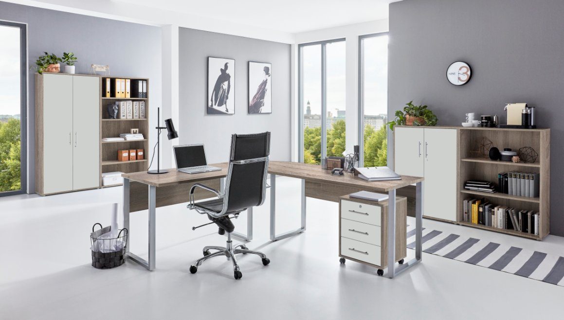 Büromöbel-Set (Büromöbel OFFICE Set weiß matt Made Germany, Sonoma 1, / moebel-dich-auf abschließbar, EDITION, Eiche Metallgriffen) mit in