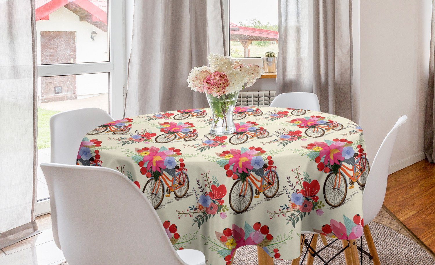 Abakuhaus Tischdecke Kreis Tischdecke und Küche Frühling Abdeckung für Dekoration, Fahrrad-Muster Esszimmer Blumen