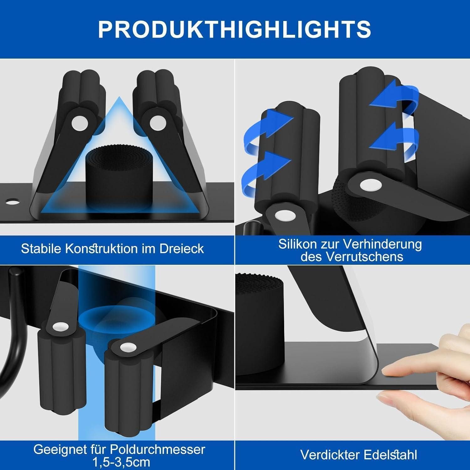 LuxusKollektion Wandregal Besenhalterung Edelstahl Selbstklebend 3 3 Halter + 4 Haken Schwarz