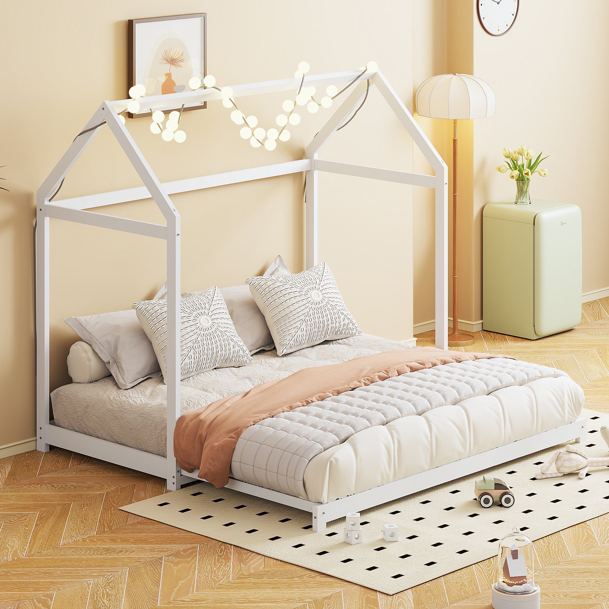 Flieks Massivholzbett, Einzelbett Kinderbett Hausbett mit Ausziehbett 90x190cm/180x190cm