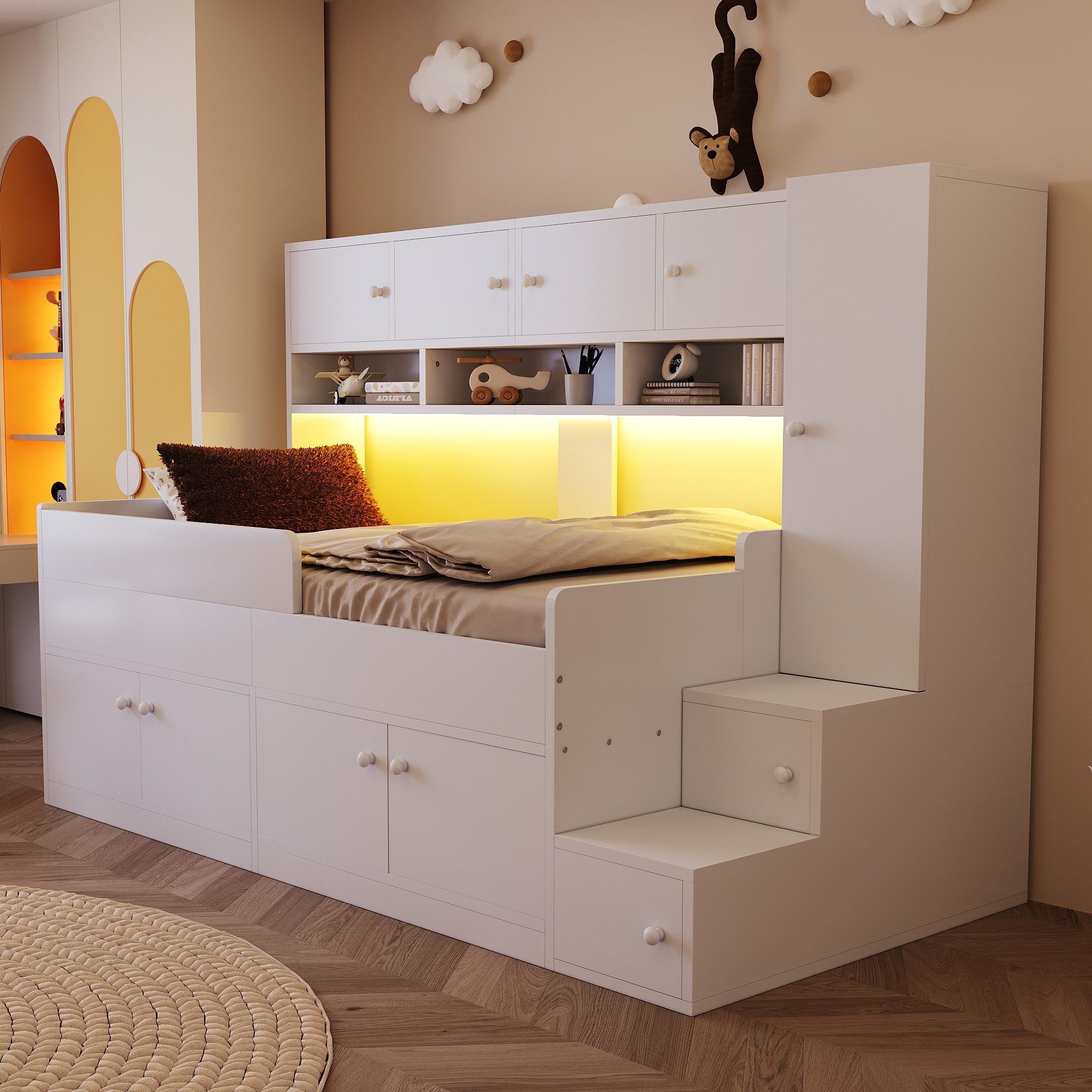 Merax Kinderbett 90×200cm mit LED-Beleuchtung & Sicherheitsgeländer (1-tlg), Jugendbett Holzbett mit Kleiderschrank, Regalen, Leiter & Stauraum