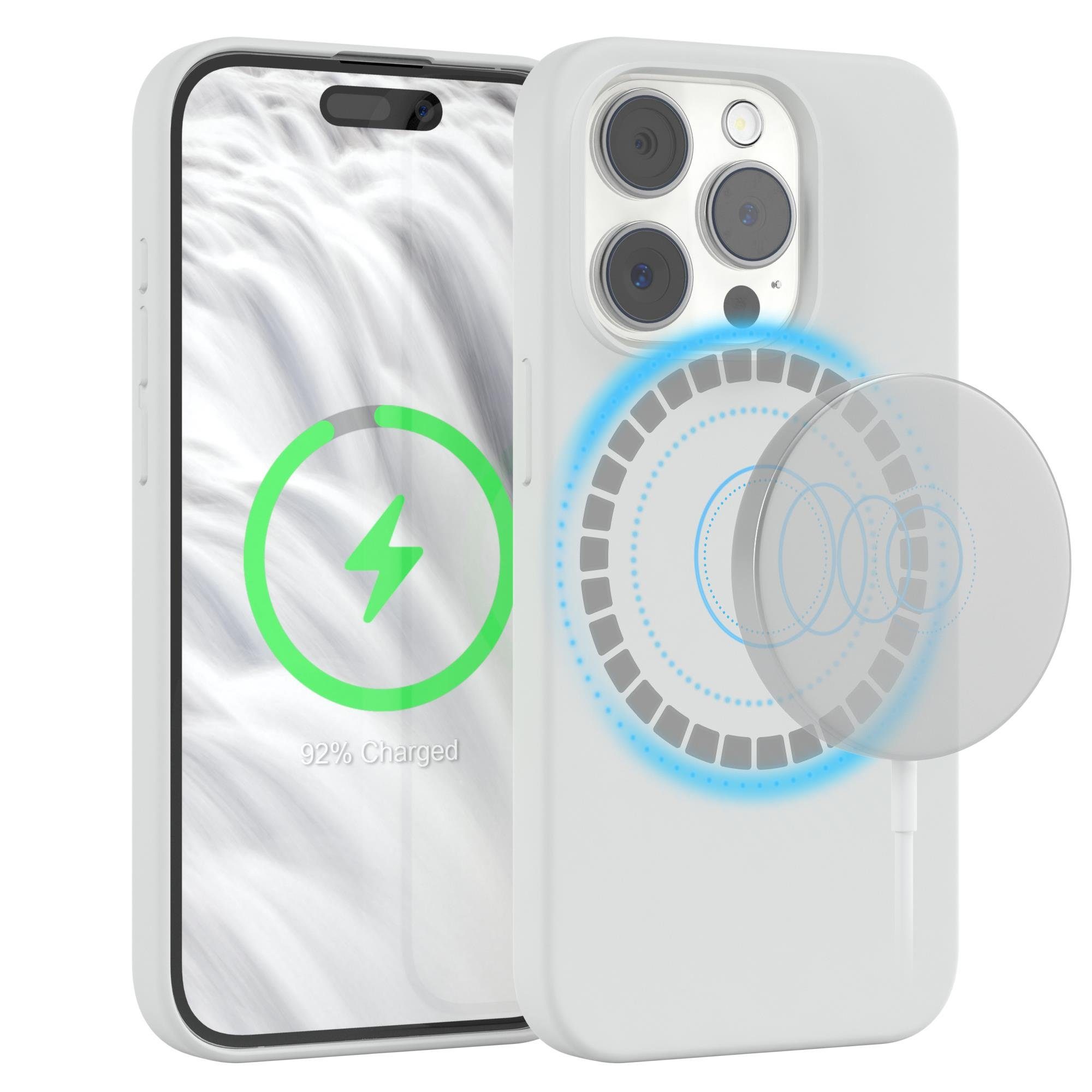 EAZY CASE Handyhülle Silikonhülle mit MagSafe für Apple iPhone 15 Pro 6,1 Zoll, Silikon Hülle magnetisch Soft Case Backcase kratzfeste Slim Cover Weiß