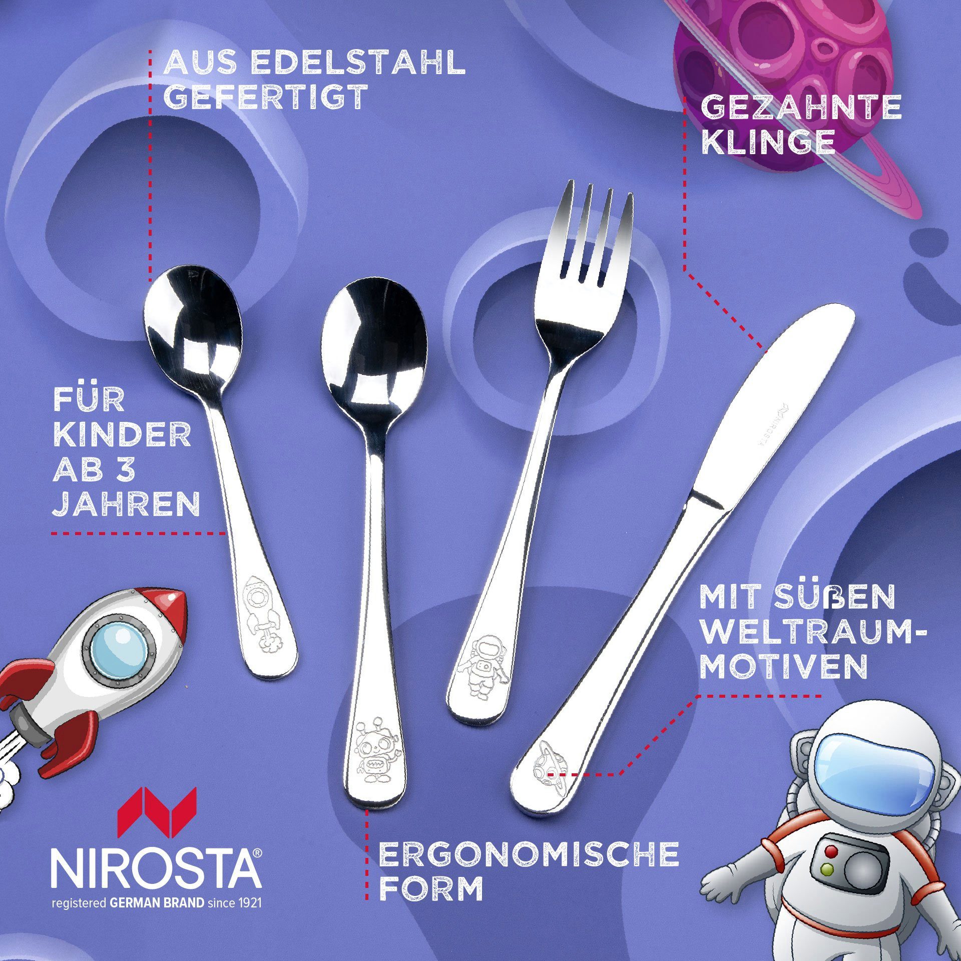 Nirosta Kinderbesteck Set, Kinderlöffel, Kindergabel, Kindermesser, Weltraum-Motive