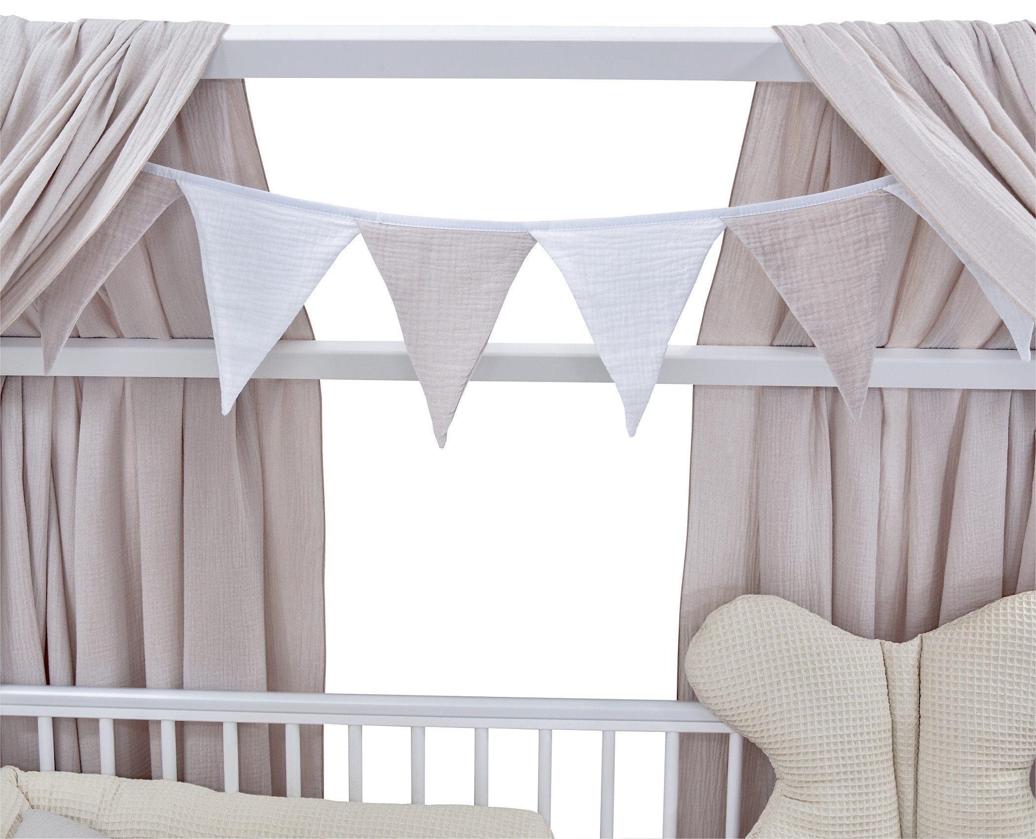 Baby-Delux Komplettbett Hausbett Babybett Komplettset Waffelpique Musselin, 12-tlg., Kinderbett 60x120 cm weiß, Bettset verschiedene Designs