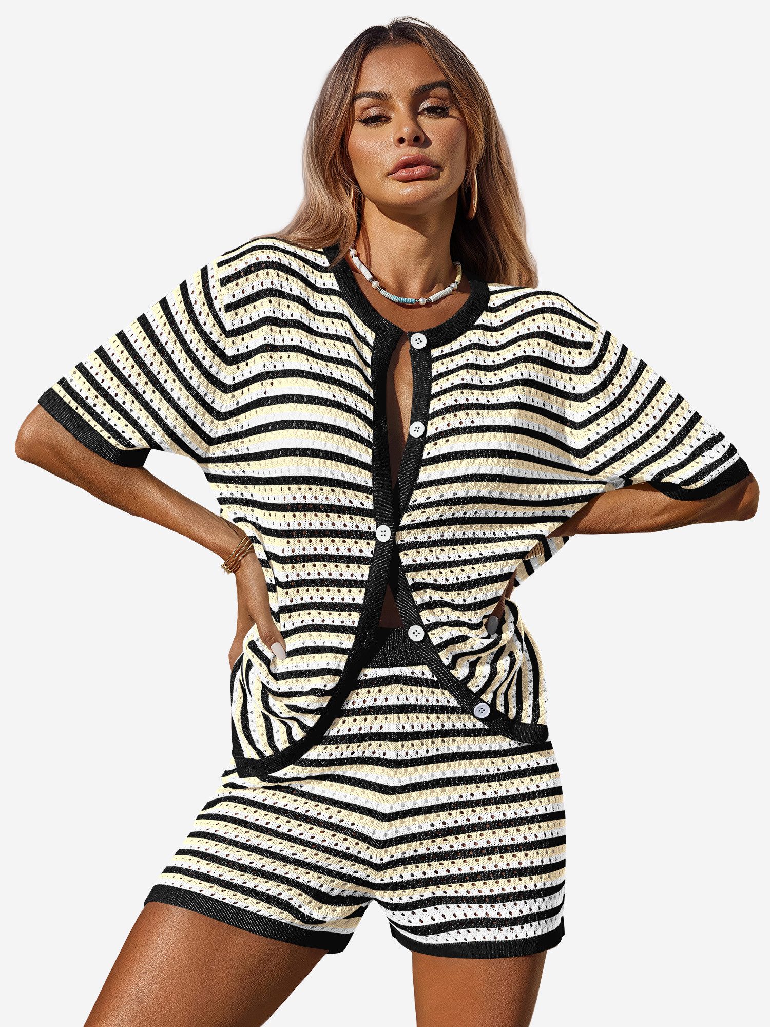 Imily Bela Hausanzug Damen Häkel 2-teiliger Set (Set, 2 tlg., Strick-Shirt + Shorts) gestreiftes