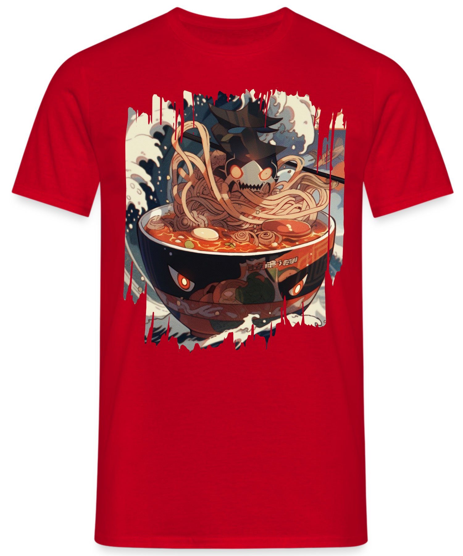 Quattro Formatee Kurzarmshirt Vintage (1-tlg) Herren Rot Asian The Ästhetik Grunge - Great Ramen Japanese Kawaii