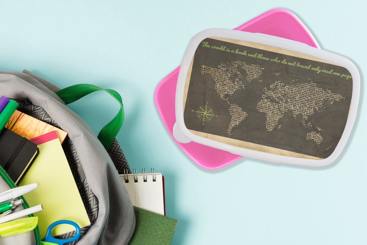 Kinder, Bücher, Lunchbox - MuchoWow für Kunststoff Kunststoff, - Snackbox, Zitat Mädchen, (2-tlg), Brotdose Brotbox Weltkarte Erwachsene, rosa
