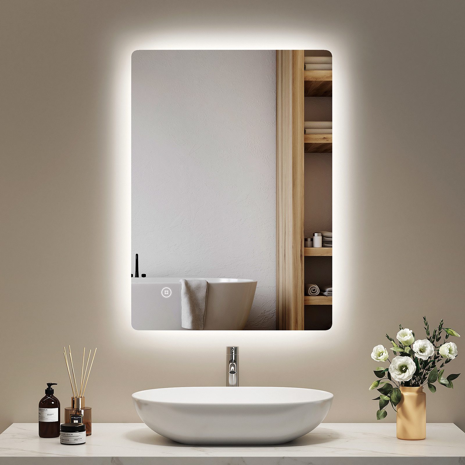 EMKE Badspiegel Antibeschlag 3 Lichtfarben oder Kaltweiß Licht LED Beleuchtung Touch (Modell 09, Vertikal und Horizontal möglich), Wandspiegel mit Beleuchtung und Touch-Schalter Dimmbar IP44