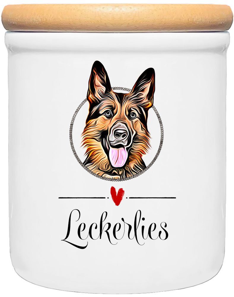 Cadouri Vorratsdose SCHÄFERHUND - Leckerlidose Hund - für Hundekekse, Keramik, (Keramikdose mit Holzdeckel, 2-tlg., 1x Keramikdose mit Holzdeckel), Hundekeksdose, handgefertigt in Deutschland, für Hundebesitzer, 400 ml