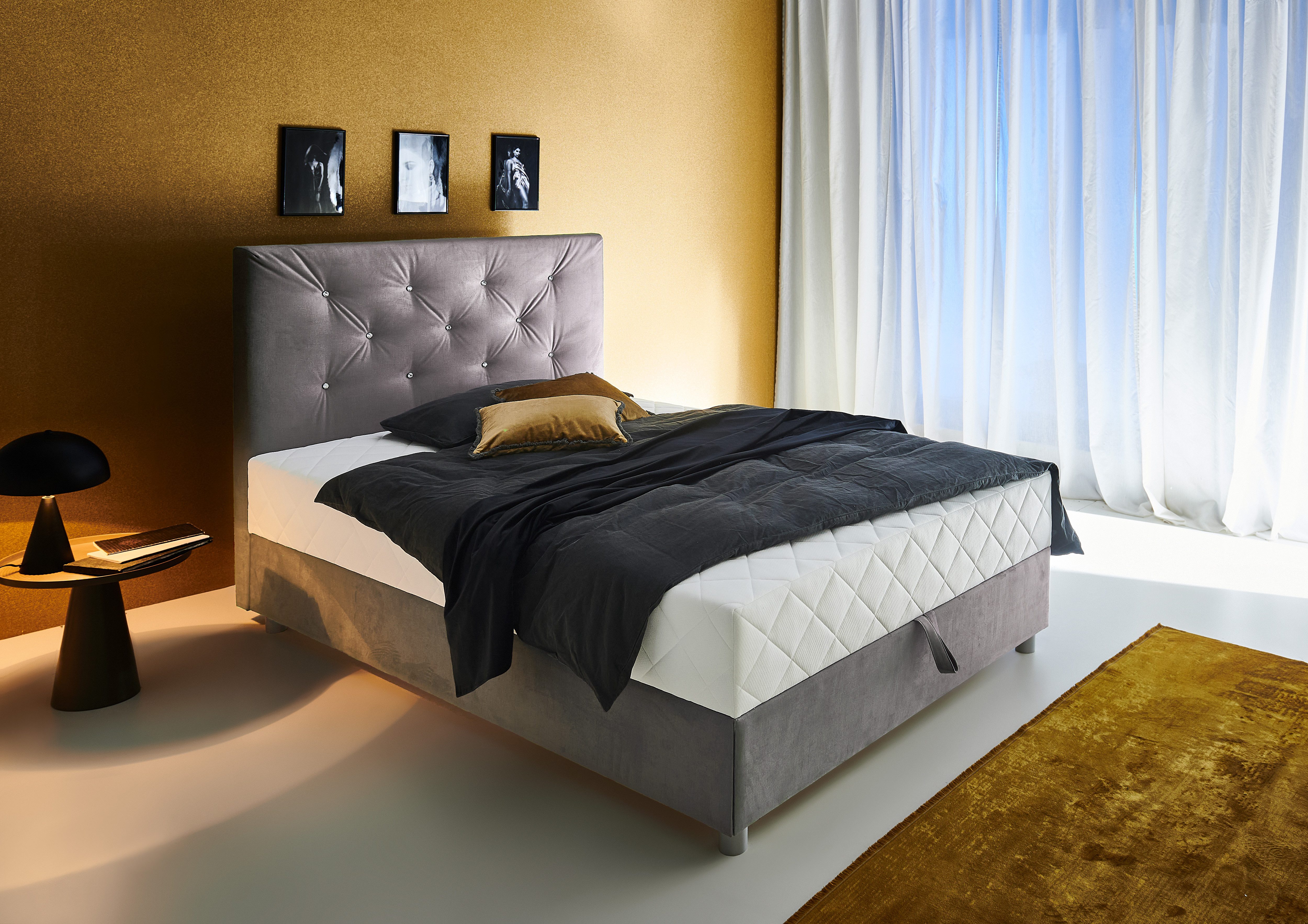 ATLANTIC home collection Boxbett CELIA im hochwertiger Samtoptik, mit Taschen-Federkernmatratze, Bettkasten und Strass-Steinen