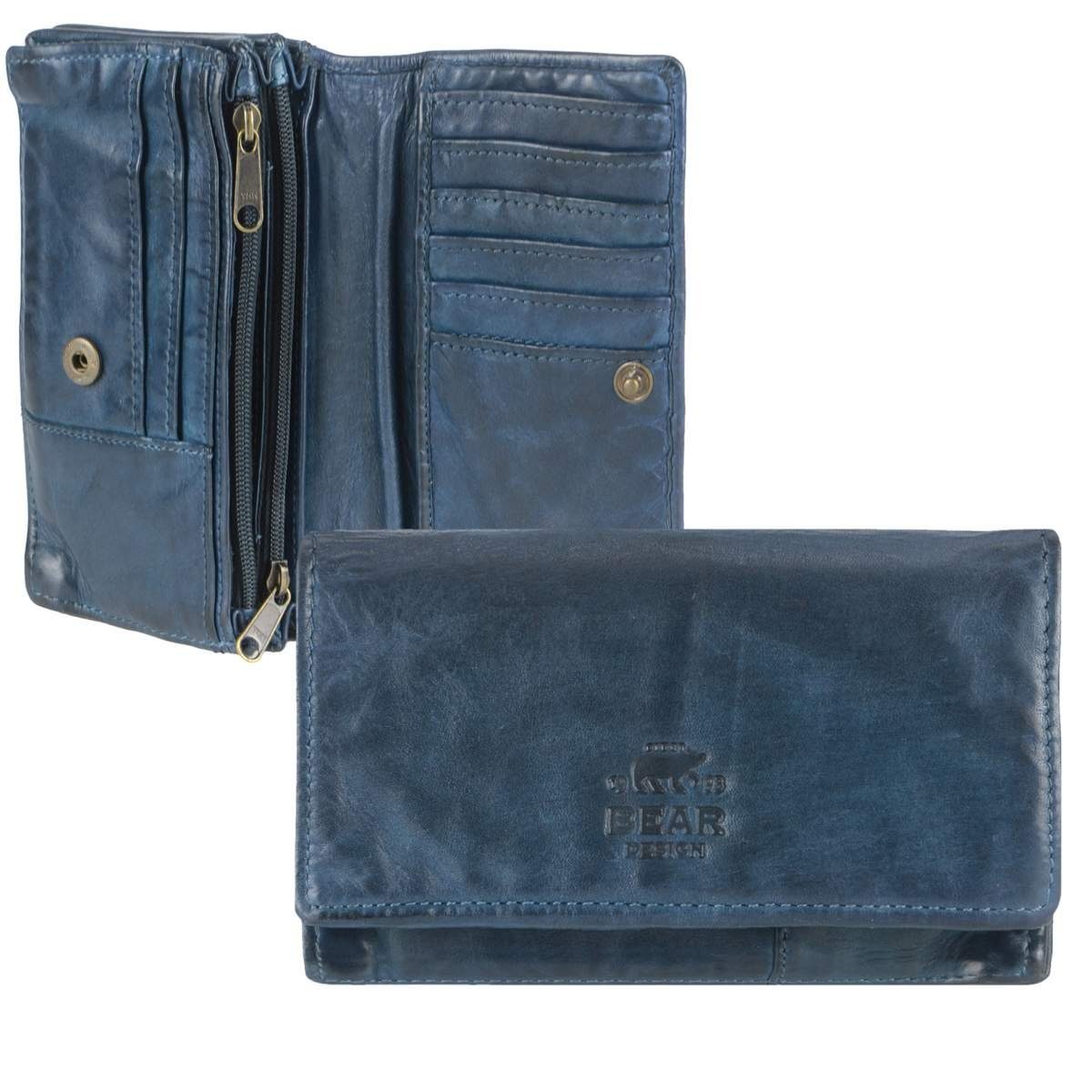 Bear Design Geldbörse Emma, Damenbörse, Portemonnaie, Leder in blau, 14 Kartenfächer, 15x9cm