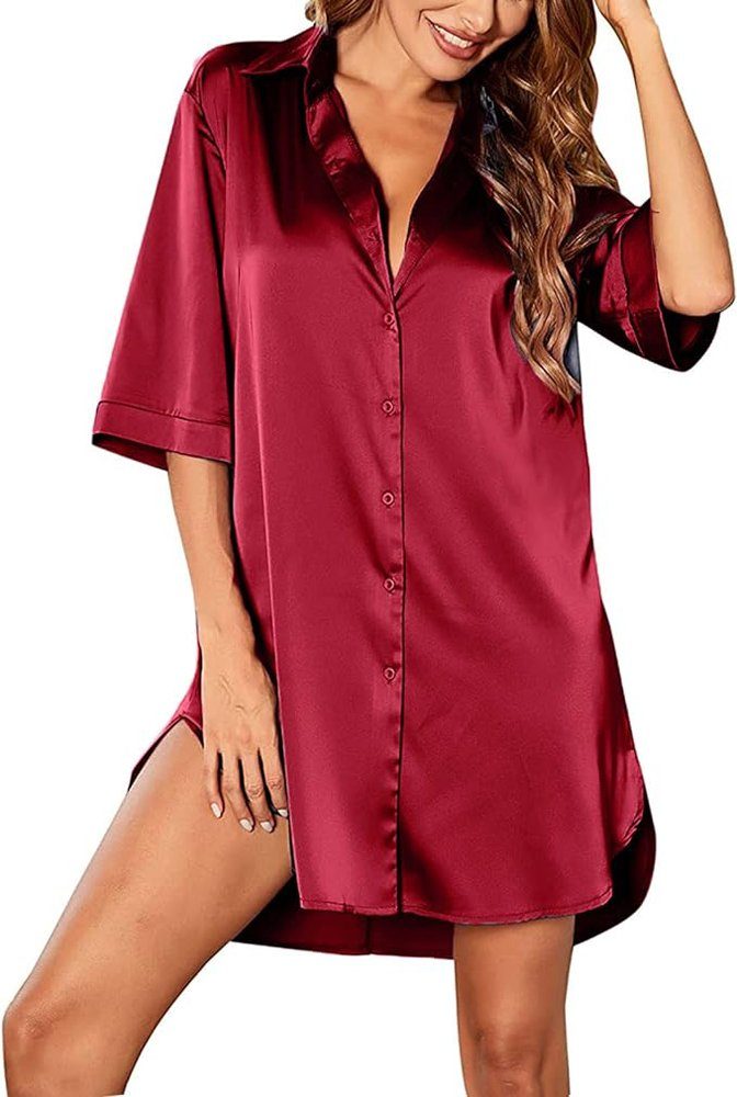 Sommer Schlafshirt Satin mit Pyjama Nachthemd Ausschnitt HOHEA Damen Rotwein seiden H Kurzarm Fit Loose V tlg) (1 Sleepshirt