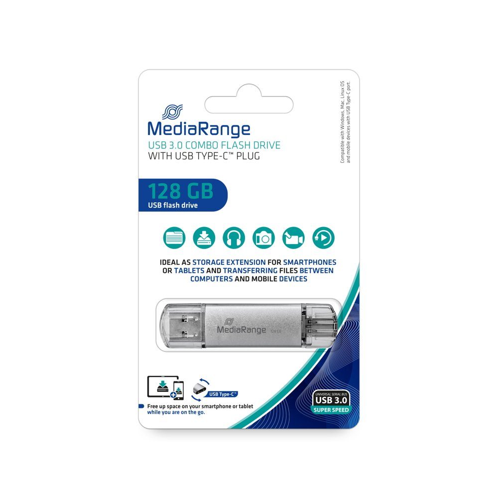 Mediarange USB Stick 128GB Speicherstick Combo silber Typ C USB 3.0 USB-Stick