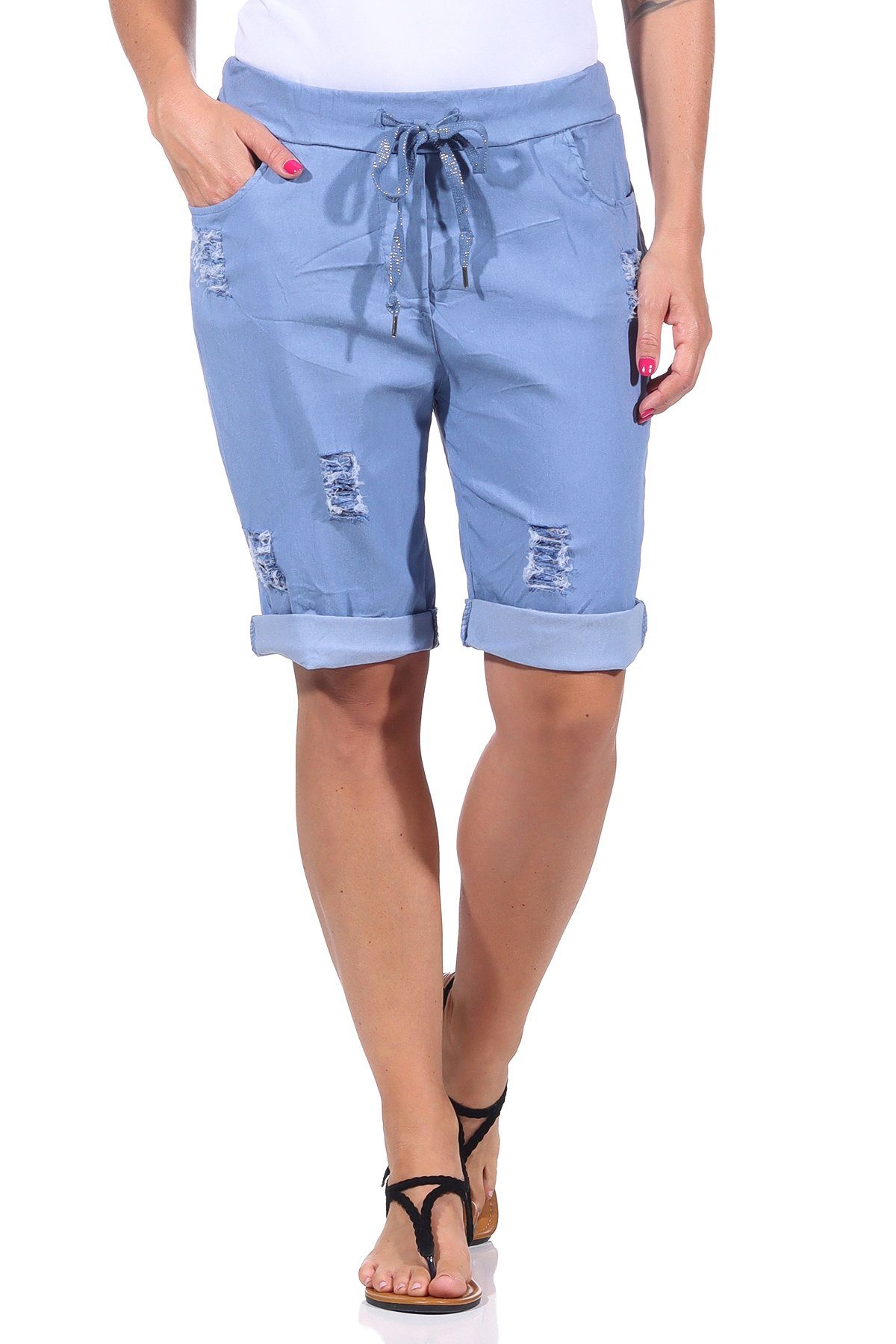 Aurela Damenmode Look Stretch elastisch, im Bermuda Hose casual, Sommerliche Jeans Strandshorts kurze leichten Distressed basic, für Damen