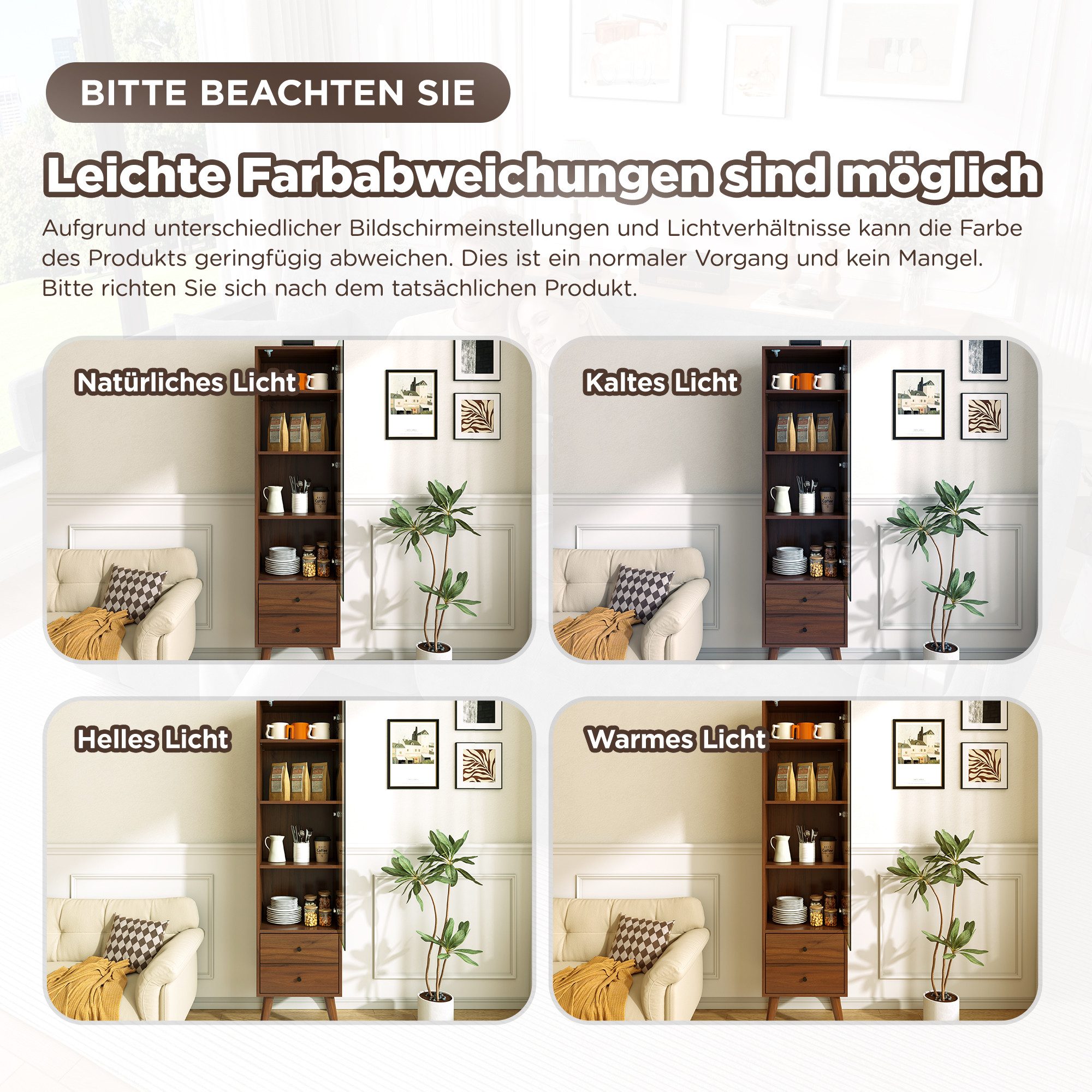 HAUSS SPOLE Vitrine Standschrank mit verstellbaren Regalen,Highboard Schubladen,Walnuss (Glastürschrank Aufbewahrungsschrank mit Push-to-Open-System und MDF-Korpus) Weinschrank Hochschrank mit verstellbaren Einlegeböden
