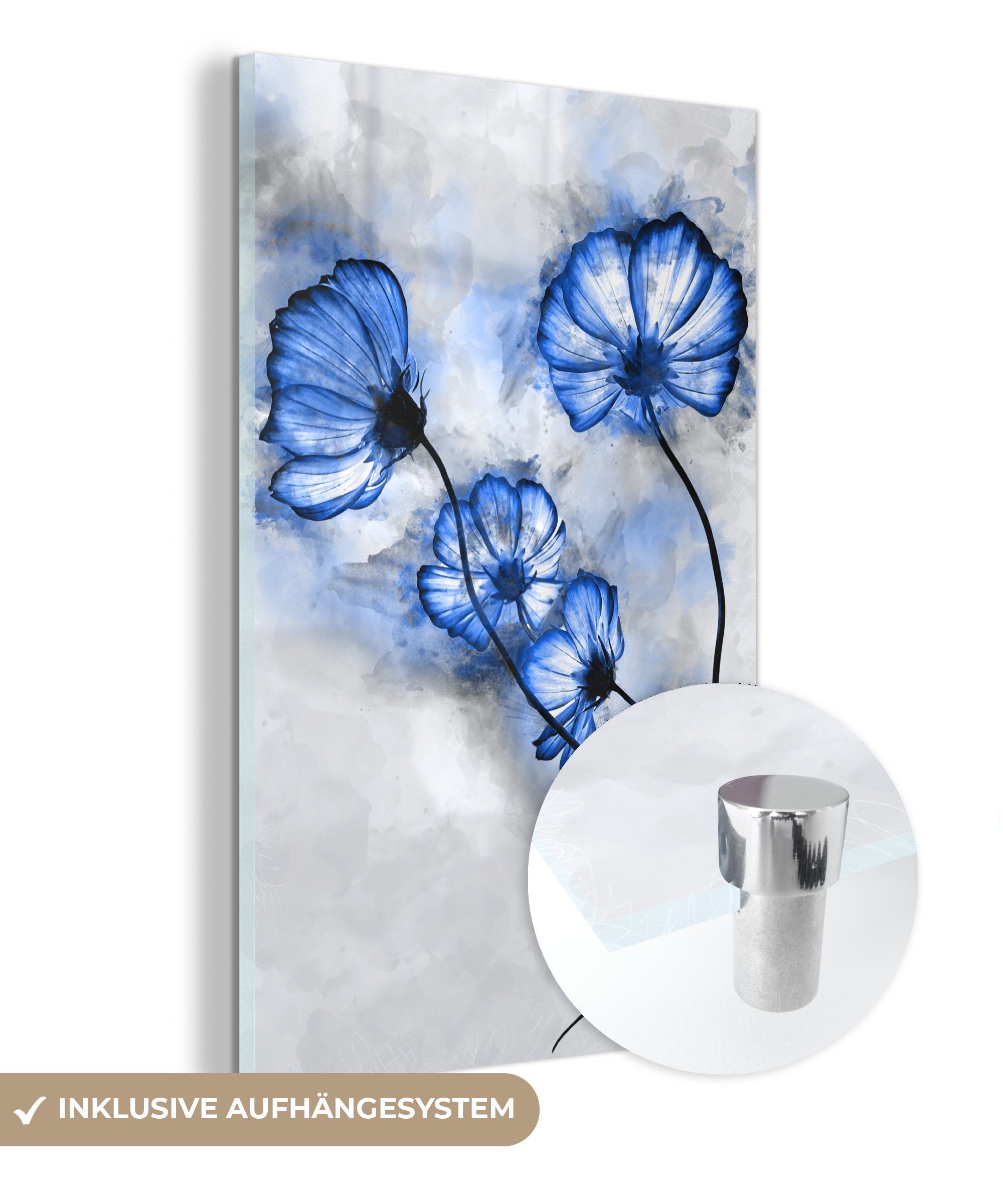 MuchoWow Acrylglasbild Blumen - Aquarell - Blau, (1 St), Glasbilder - Bilder auf Glas Wandbild - Foto auf Glas - Wanddekoration