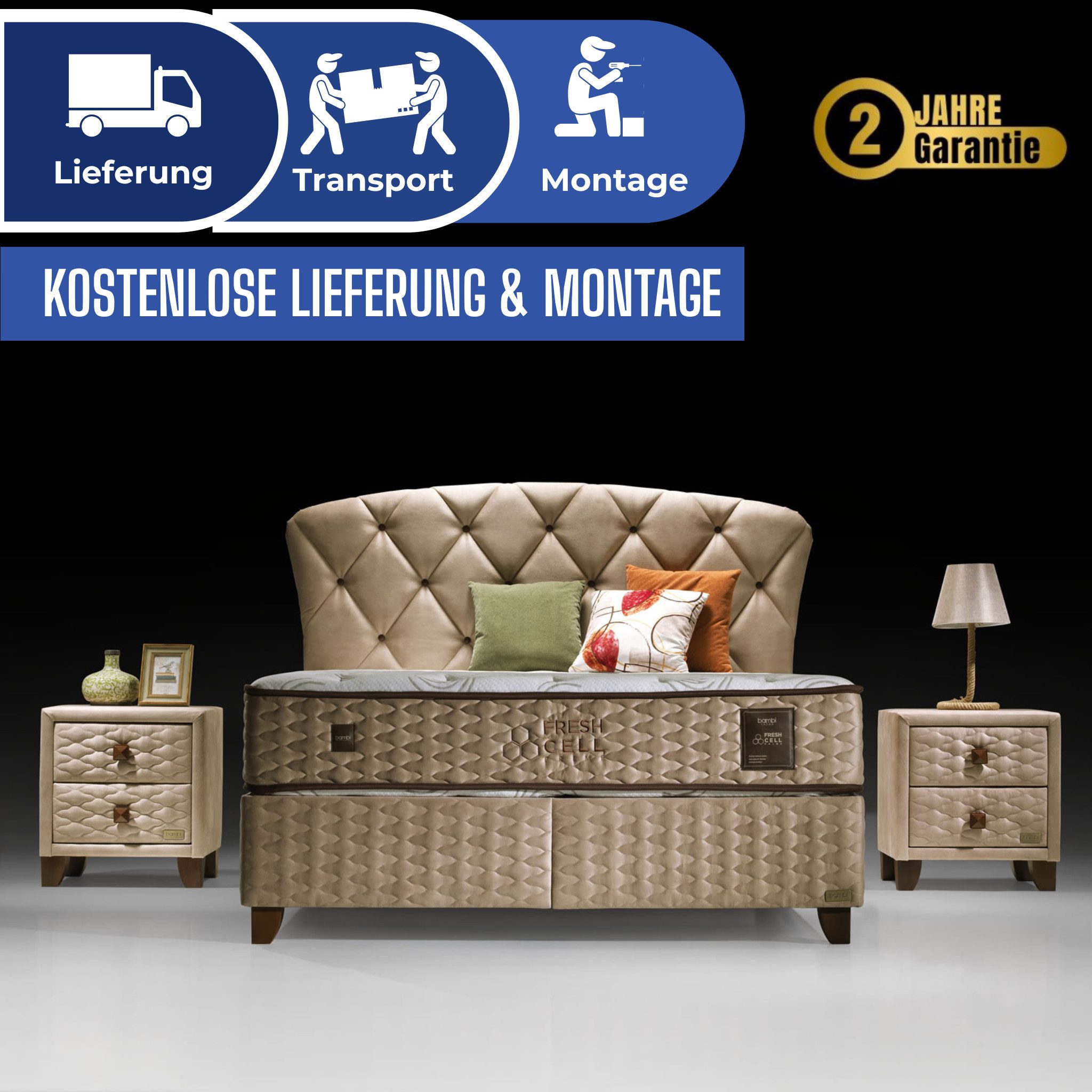 Bambi Boxspringbett Funktionsbett mit Bettkasten Boxspringbett 180x200 - 90x200 Freshcell