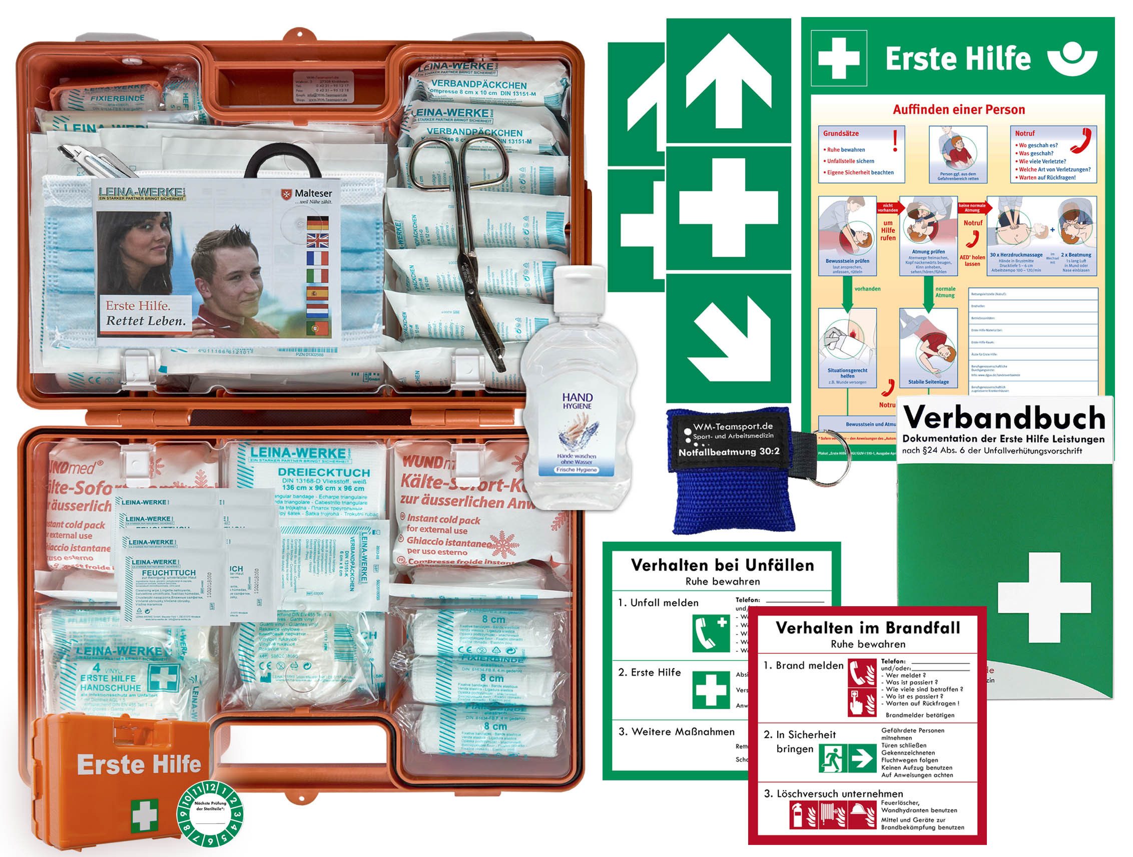 WM-Teamsport Erste-Hilfe-Koffer Verbandkoffer (G) DIN 13169 + Hygiene-Gel, Beatmung + Komplettpaket