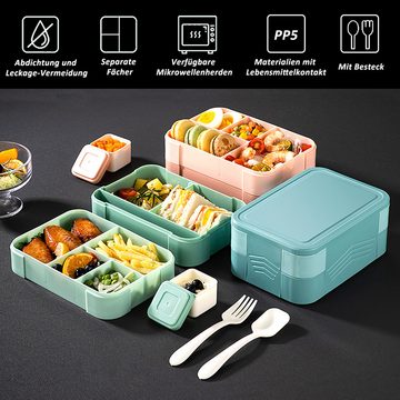 CALIYO Lunchbox Lunchbox, 1550ml Auslaufsichere Stapelbare Bento Box, Lebensmittelbehälter mit 6 Fächern, Besteck & Saucentopf-Set