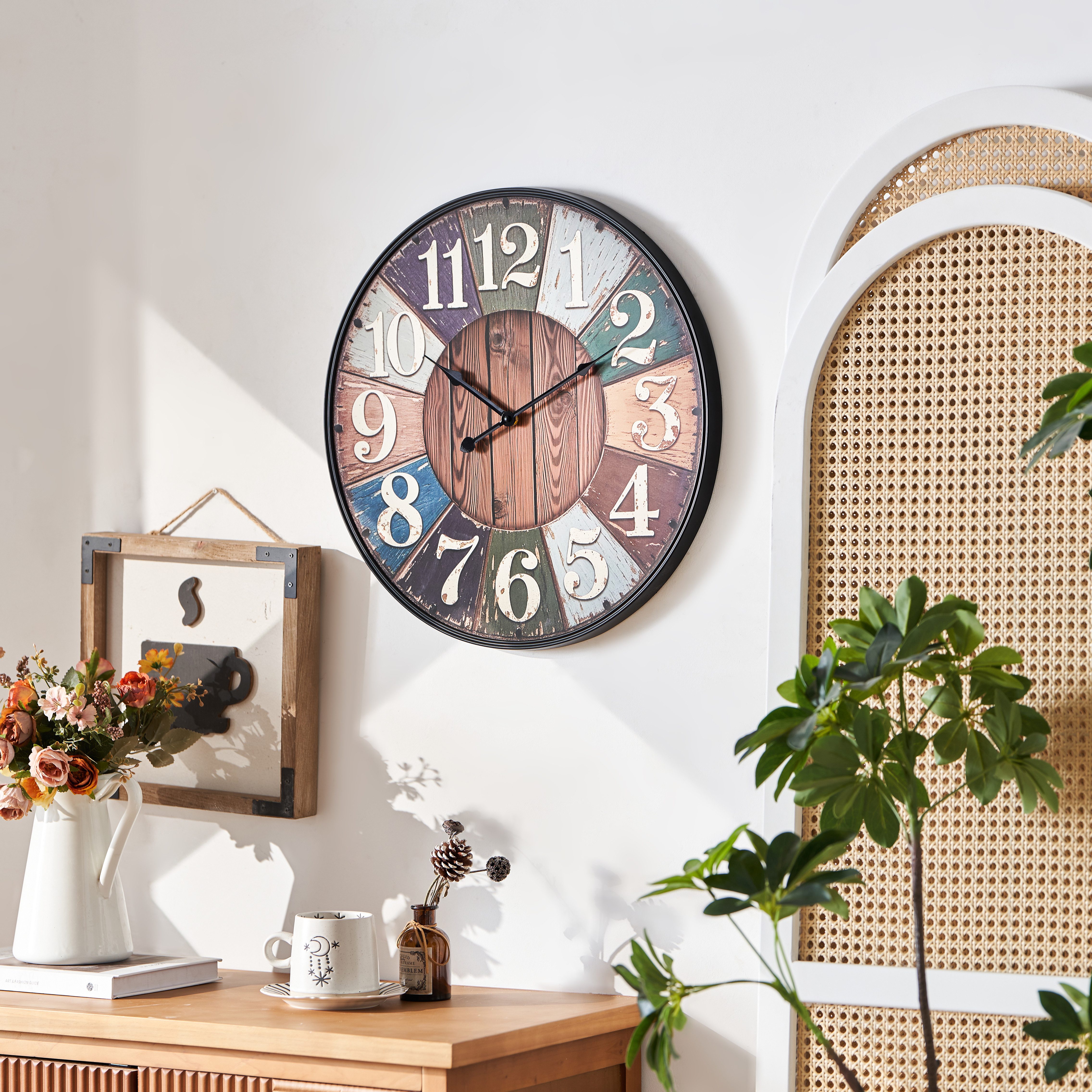 K&L Wall Art Wanduhr Große Vintage Holzuhr Landhaus Wanduhr ohne Tickgeräusche (Retro Stil, leises Uhrwerk)