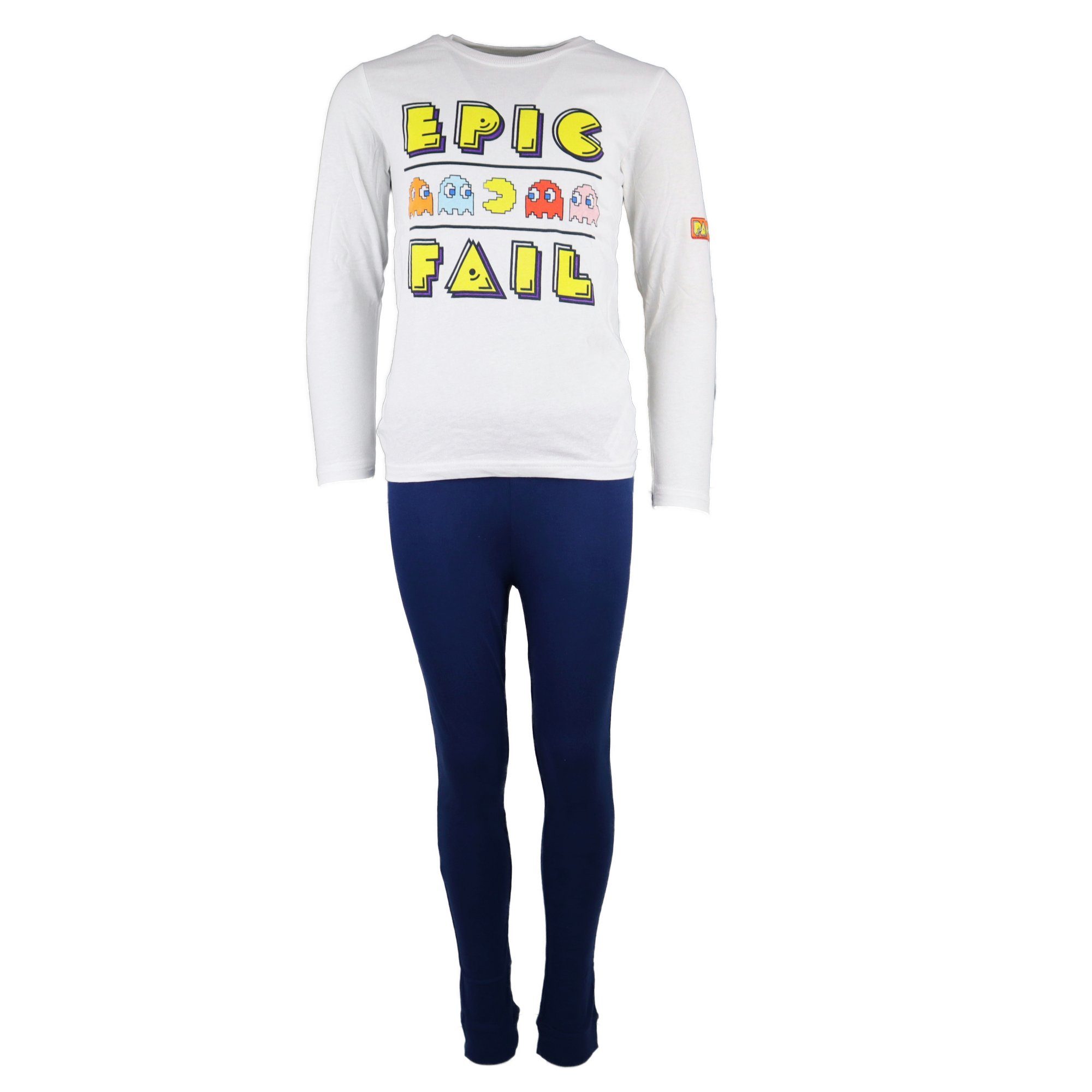 EplusM Schlafanzug Pacman Epic Fail Kinder Jugend Pyjama Gr. 128 bis 158, 100% Baumwolle, Weiß Blau